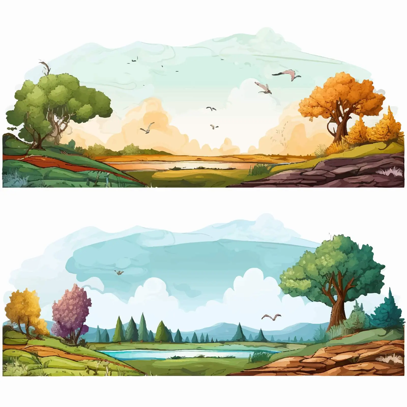 Four Different Nature Horizontal Scene Illustrations – free watercolor effect image from Dotvec