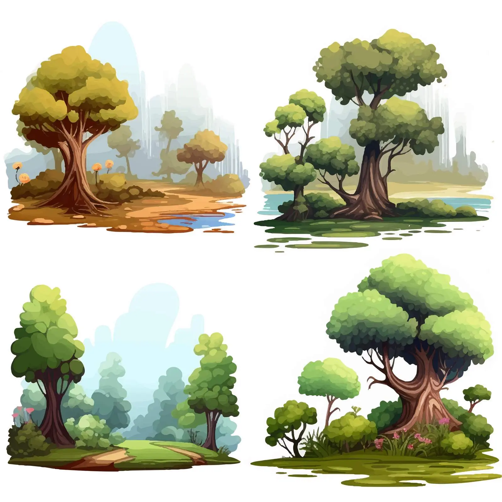 Four Cartoon Forest Nature Scenes Illustration — free download from Dotvec