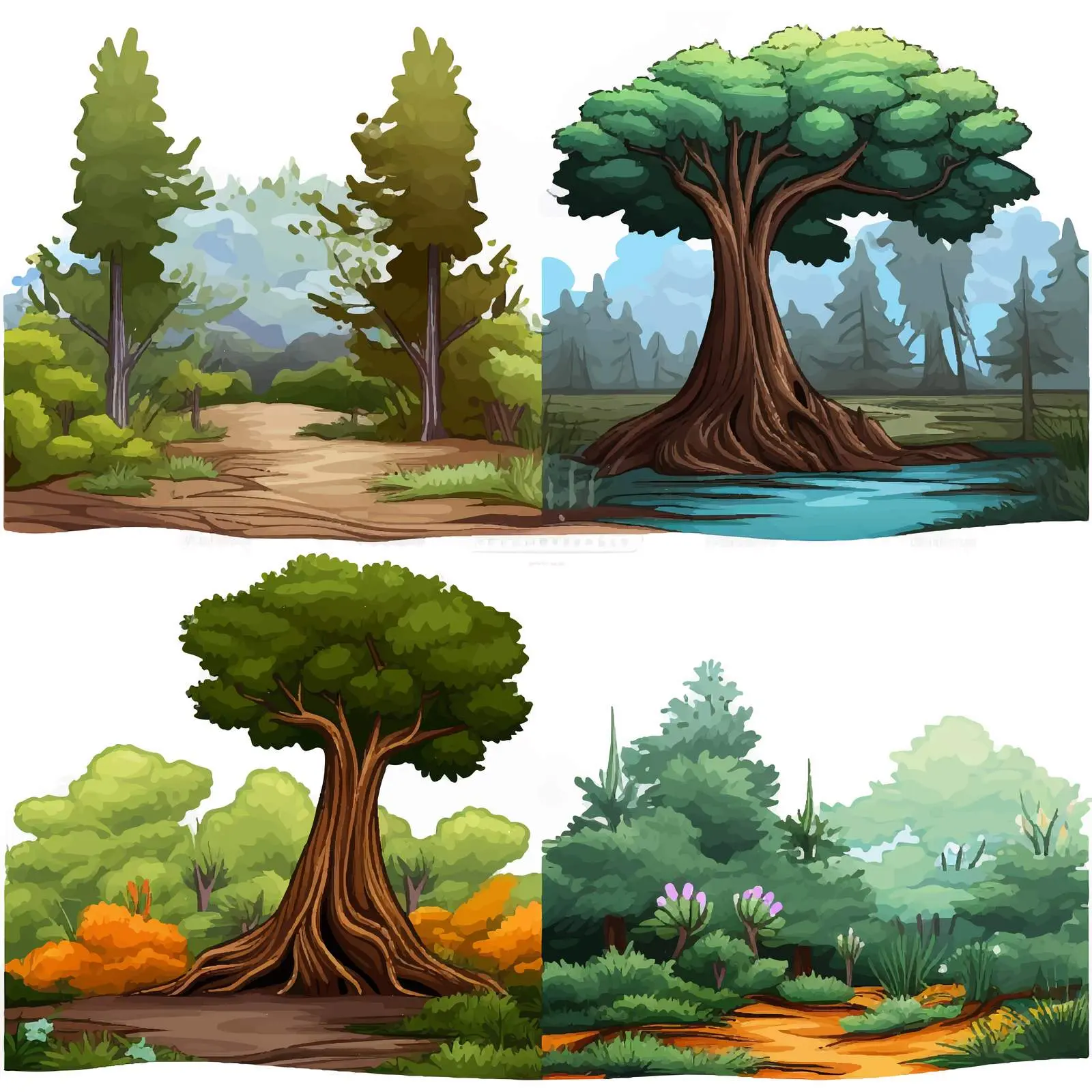 Four Cartoon Forest Scenes in Vector Style — free download from Dotvec