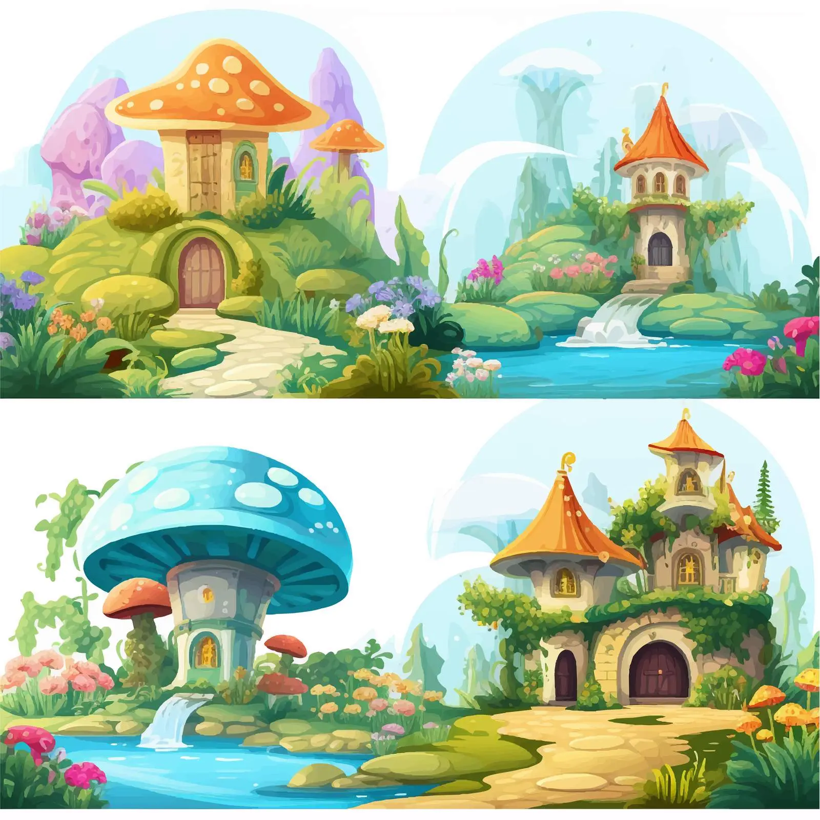 Four Fantasy World Scenes with Enchanting Places — free download from Dotvec