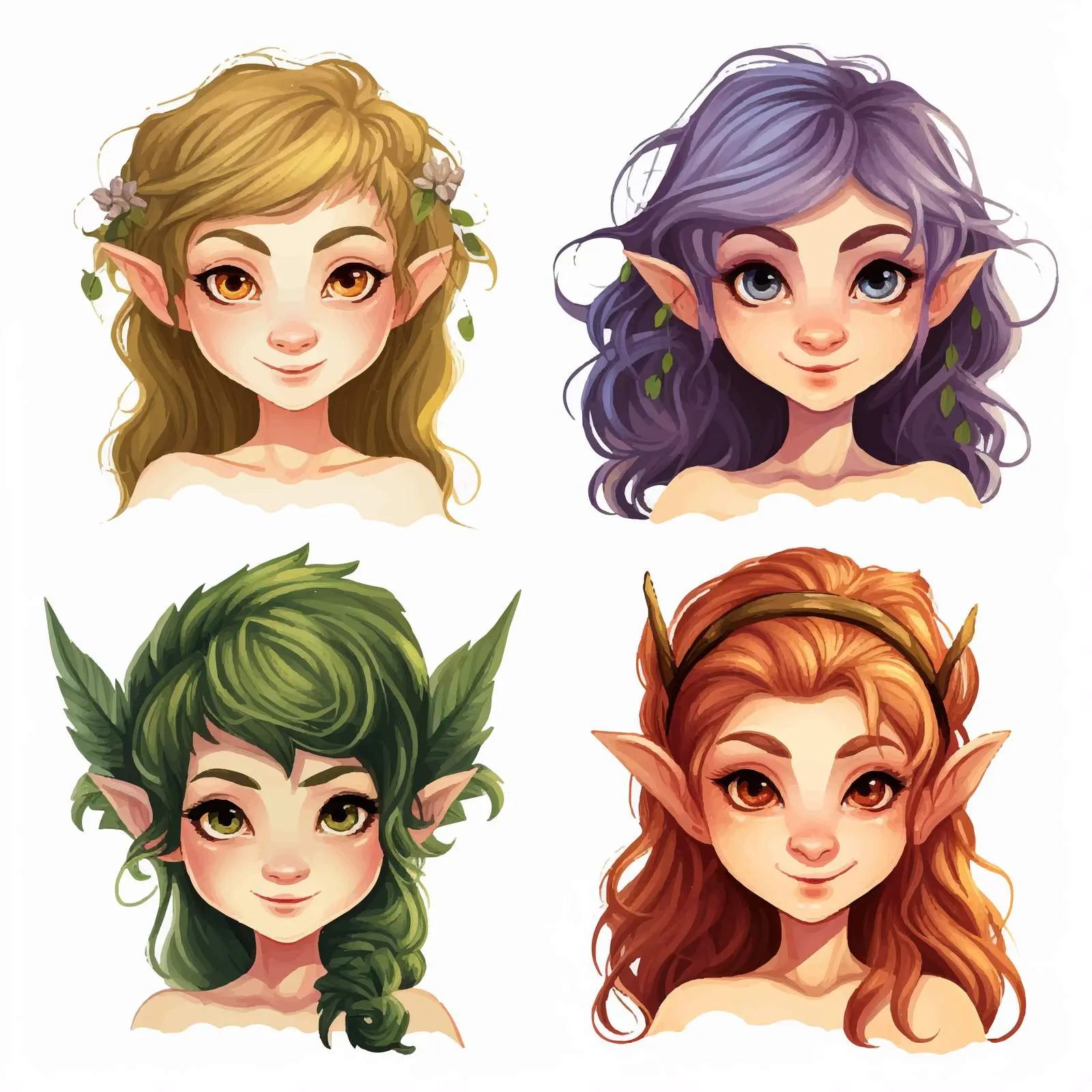 Four Elf Illustrations with Varied Hair Colors — free download from Dotvec