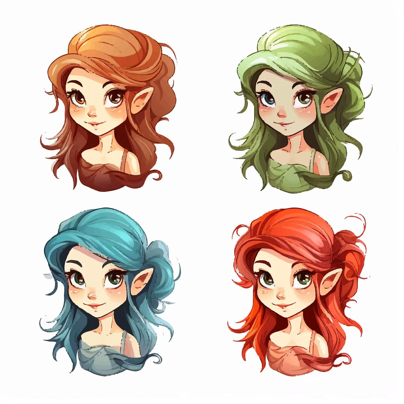 Four Colorful Elf Illustrations with Varied Hairstyles — free download from Dotvec