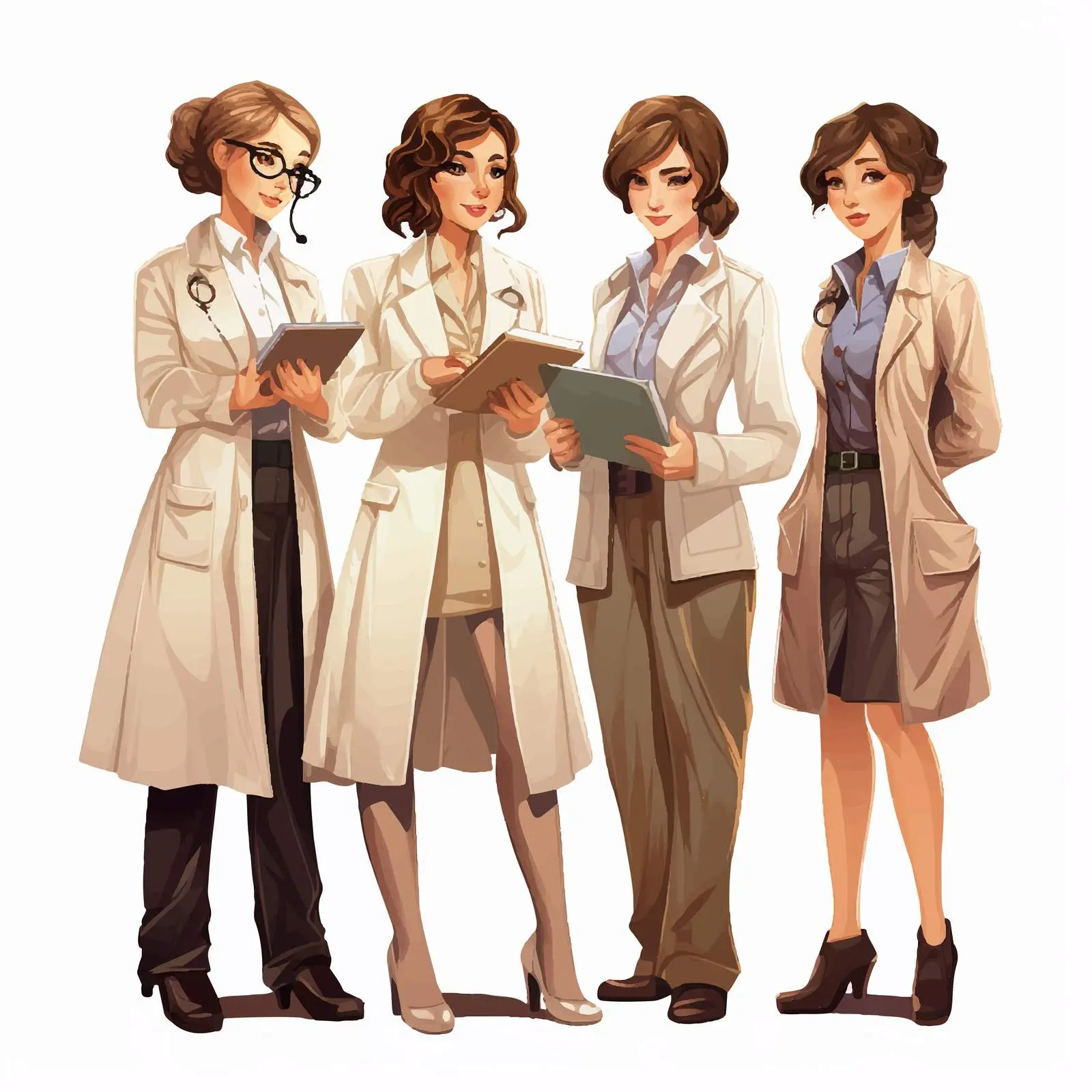 Four Female Scientists in Cartoon Uniforms — free download from Dotvec