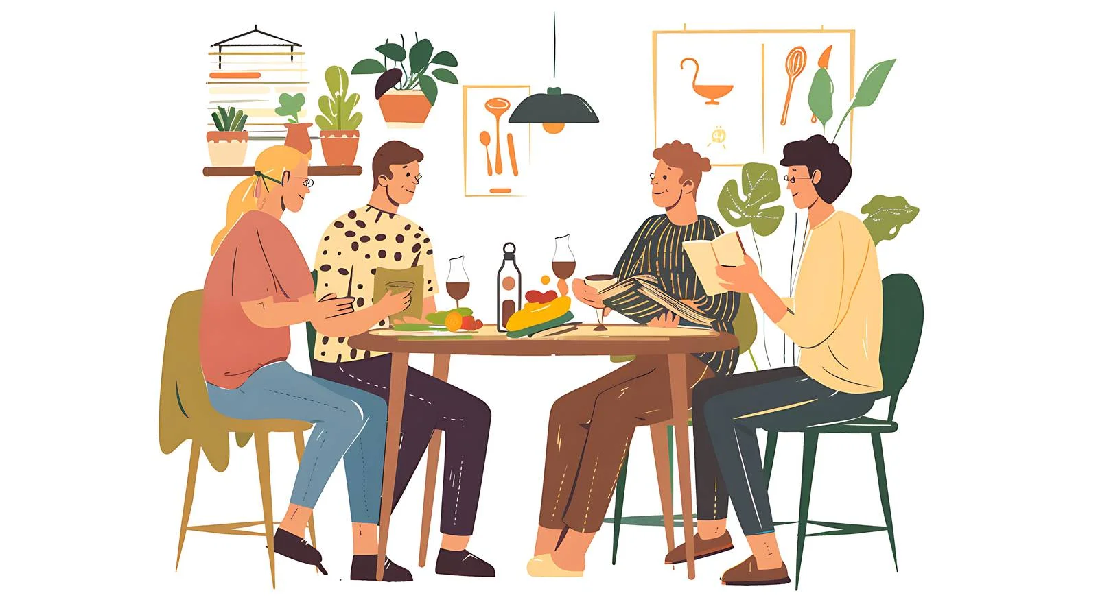 Friends Gathering with Book in Dining Room — free download from Dotvec