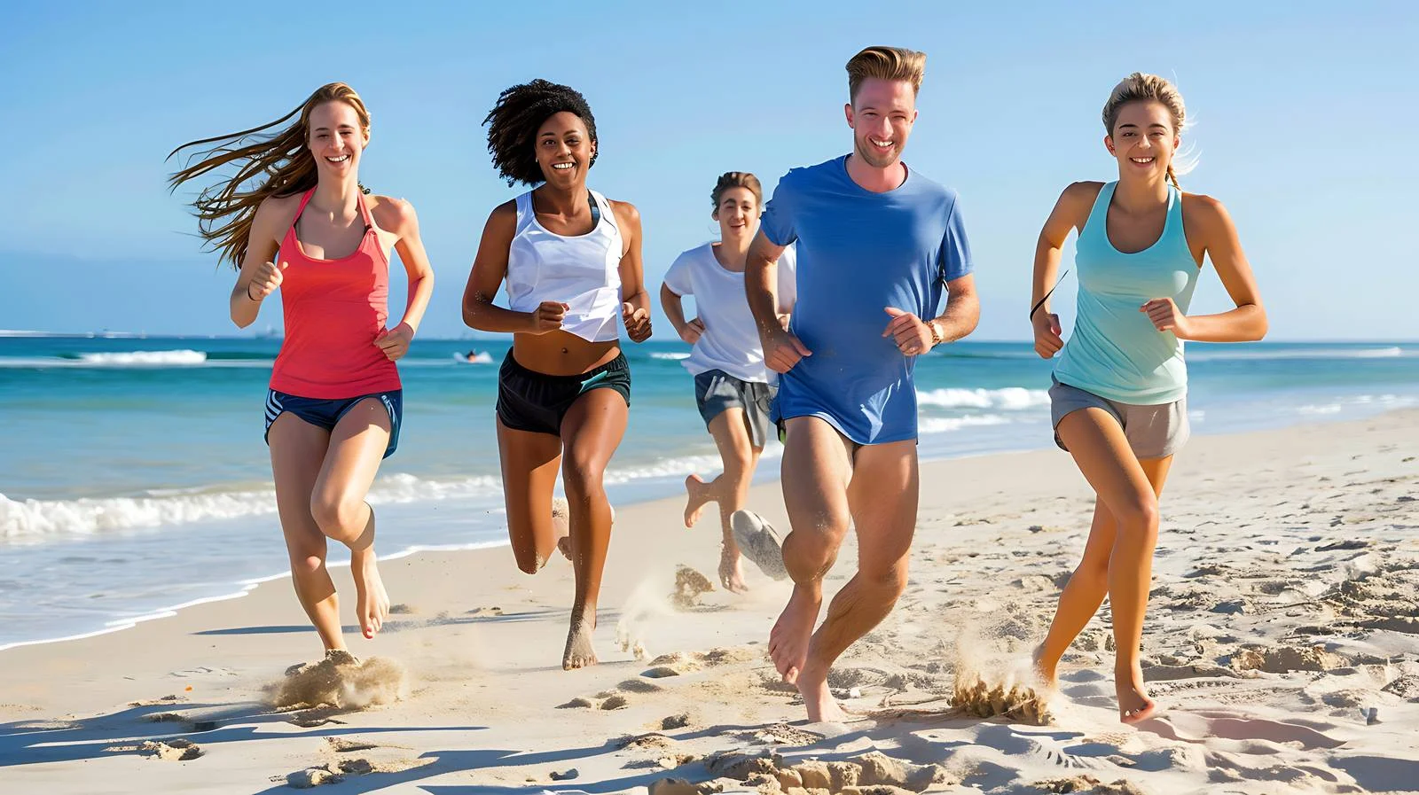 Joyful group jogging on beach together — free download from Dotvec