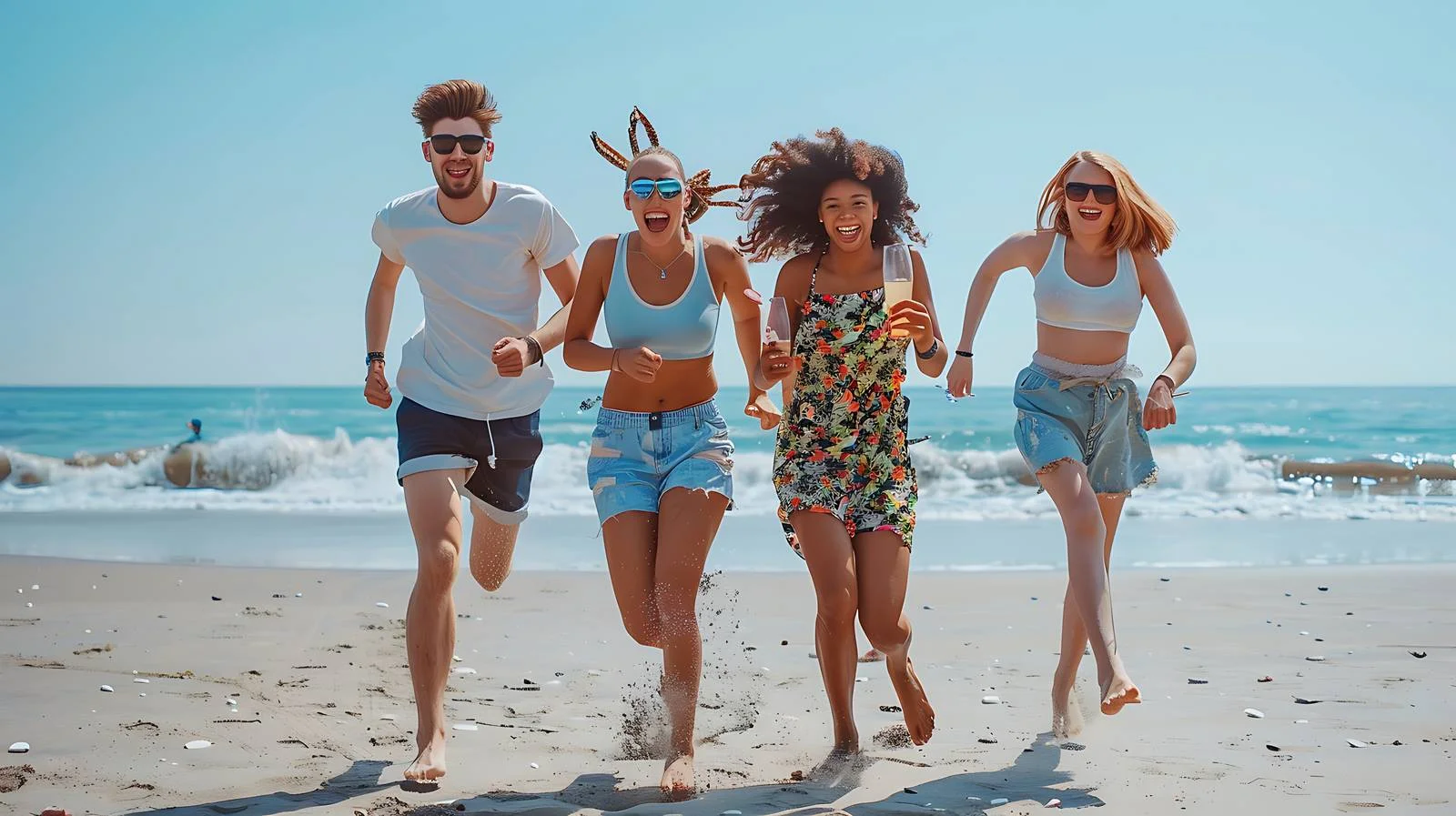 Joyful group running on sandy shore — free download from Dotvec