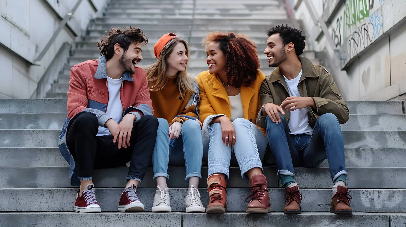 Joyful Friends Chatting Outdoors on Stairs — free download from Dotvec