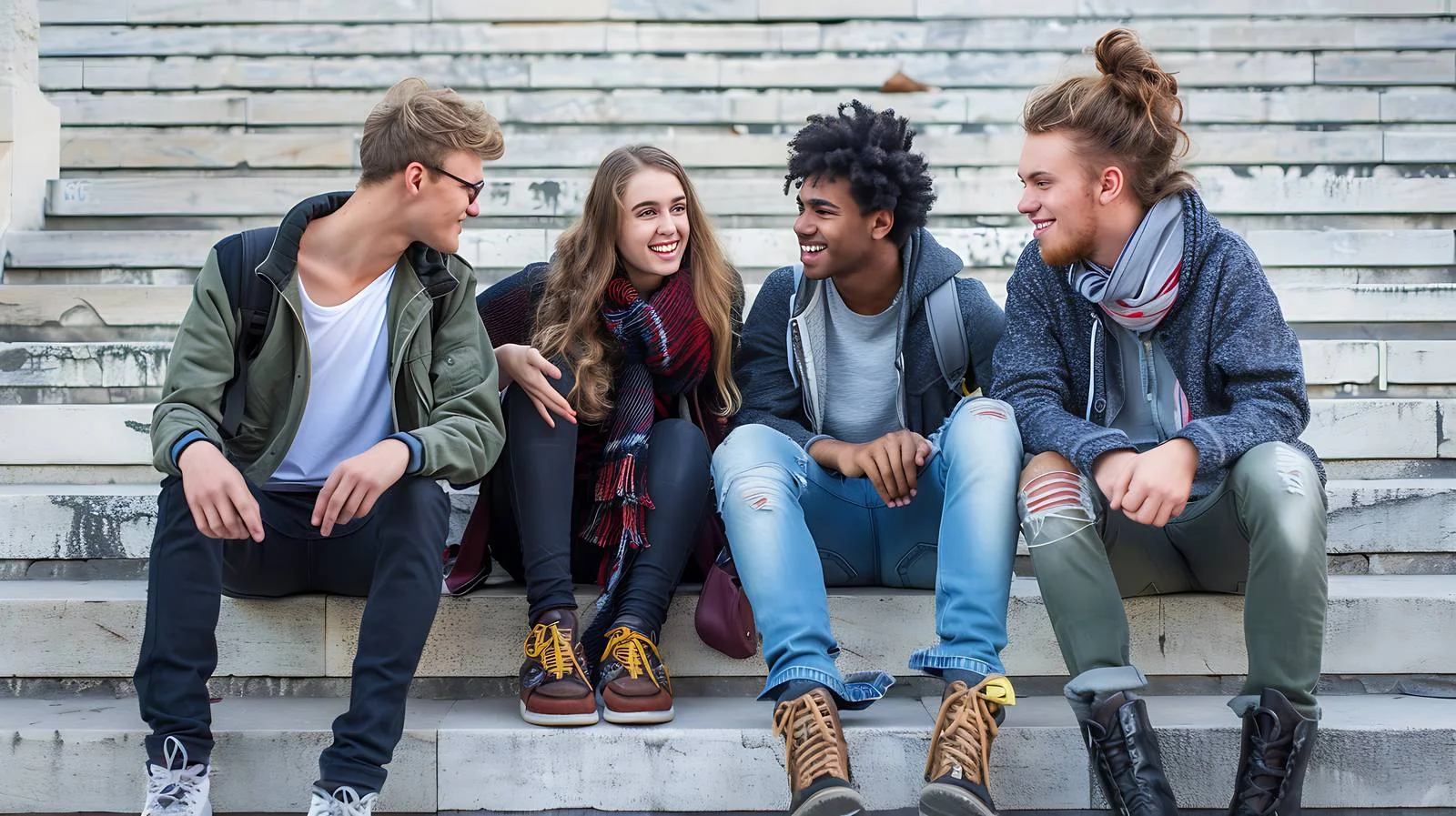 Friends Chatting Outdoors on Stairs — free download from Dotvec