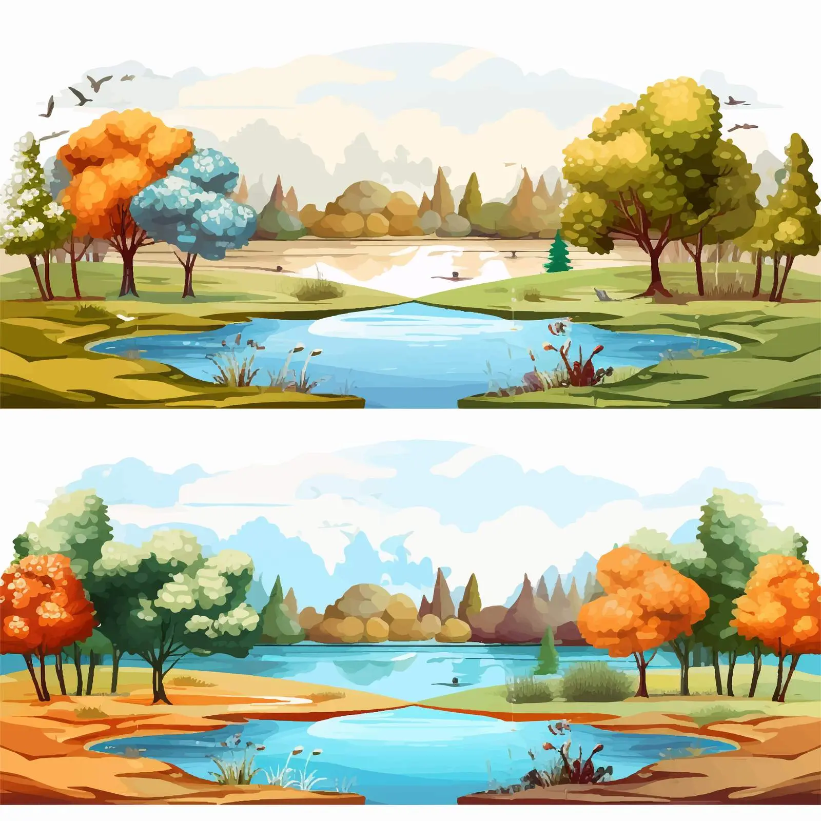 Four Nature Scenes with Lake and Park Illustration — free download from Dotvec