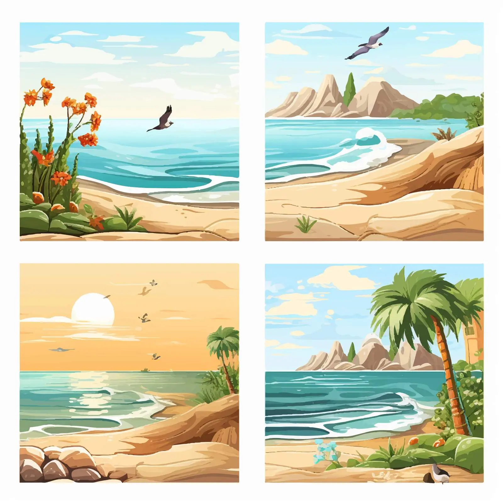 Four Cartoon Beach Scenes Vector Illustration — free download from Dotvec