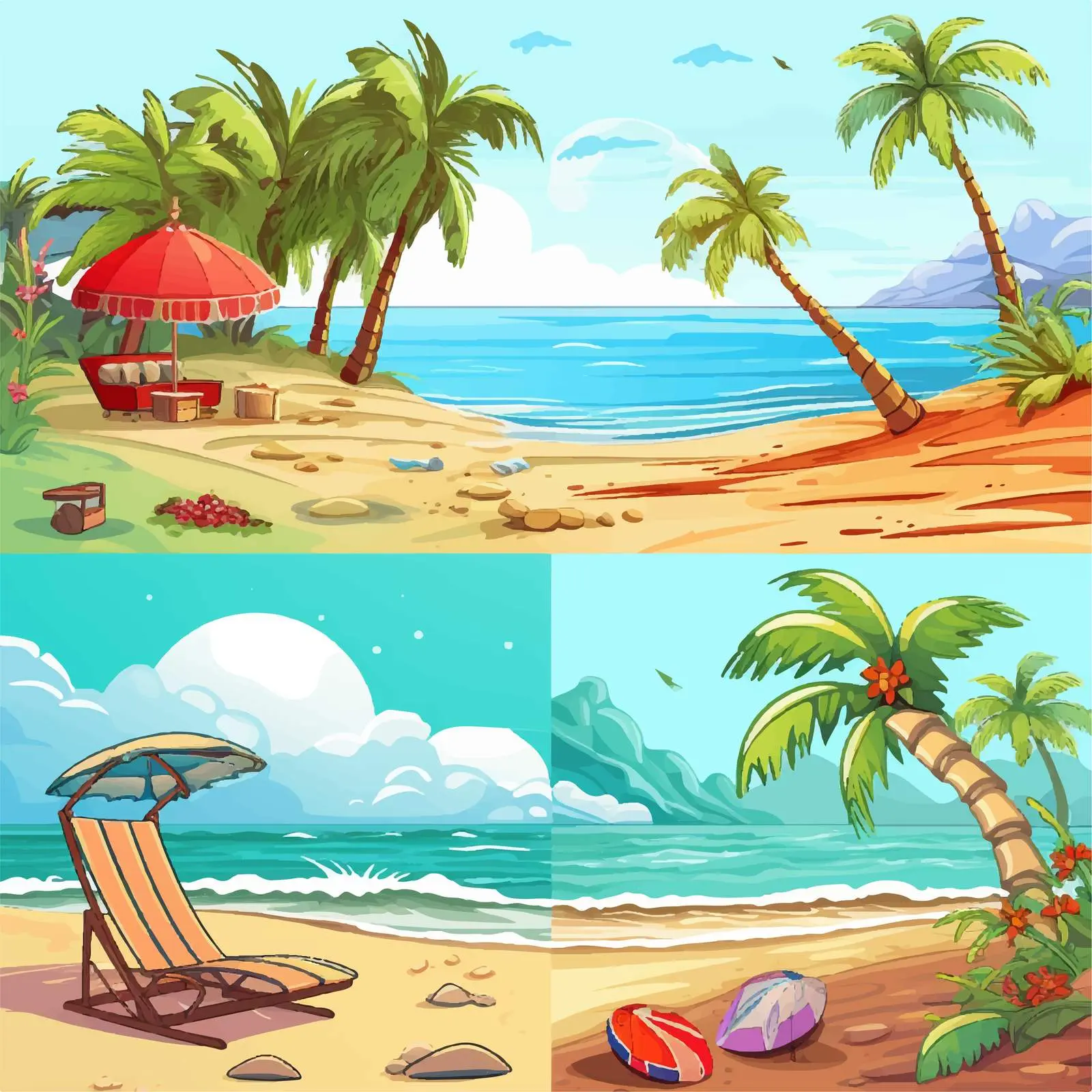 Four Cartoon Beach Scenes Vector Illustration — free download from Dotvec