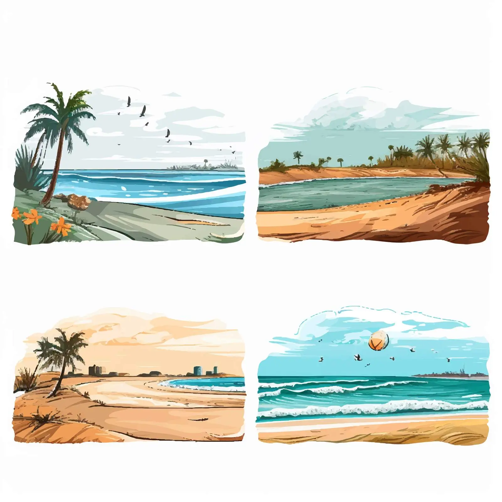 Four Scenes of Cartoon Beach Vectors – free boarding image from Dotvec