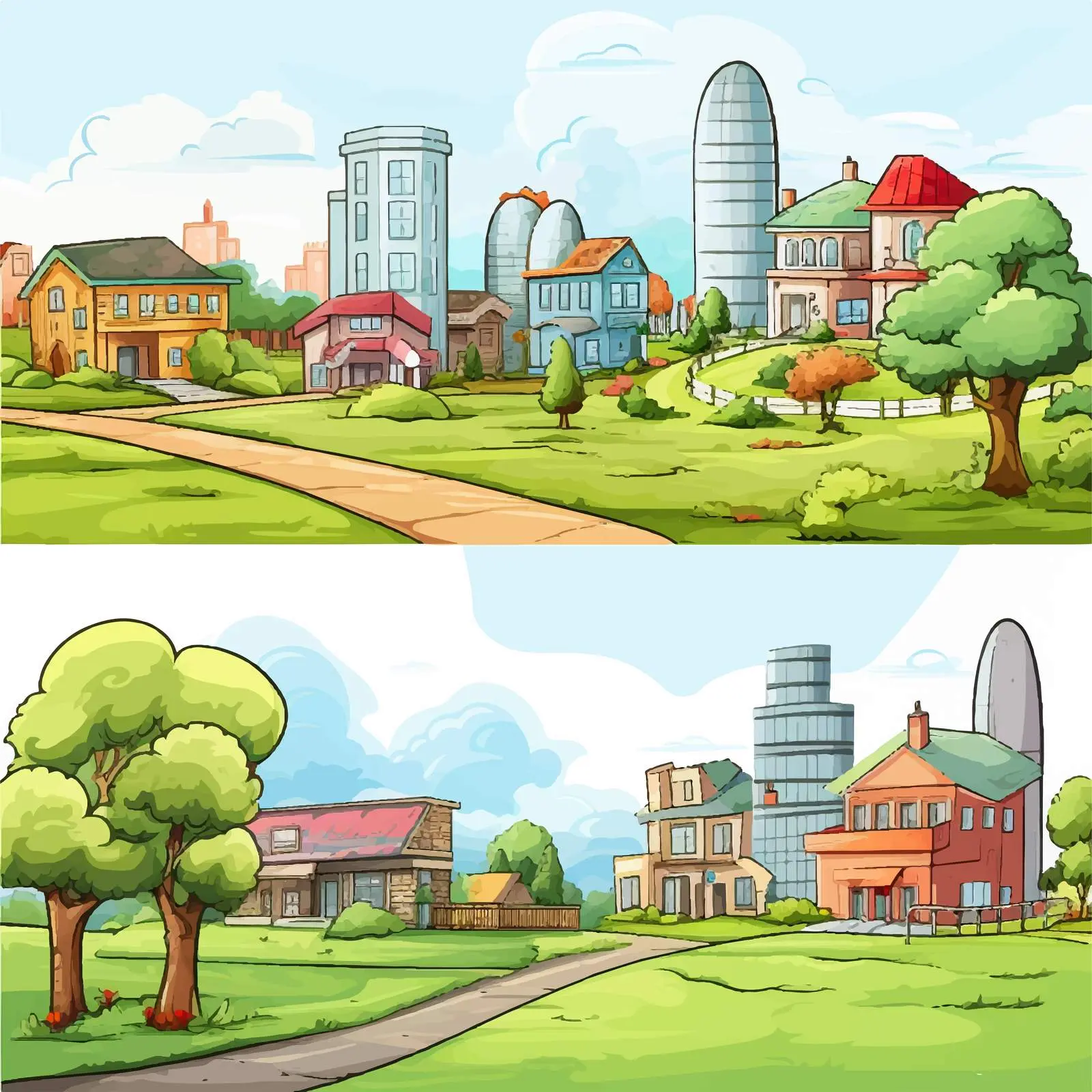 City and Countryside Scenes Vector Illustration – free vibrant scene image from Dotvec