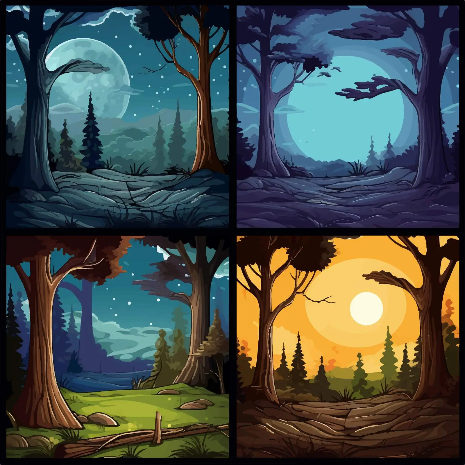 Four Cartoon Forest Scenes at Night — free download from Dotvec