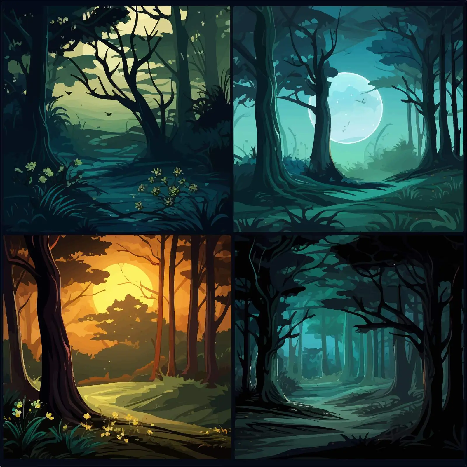 Four Nighttime Forest Scenes Vector Art — free download from Dotvec