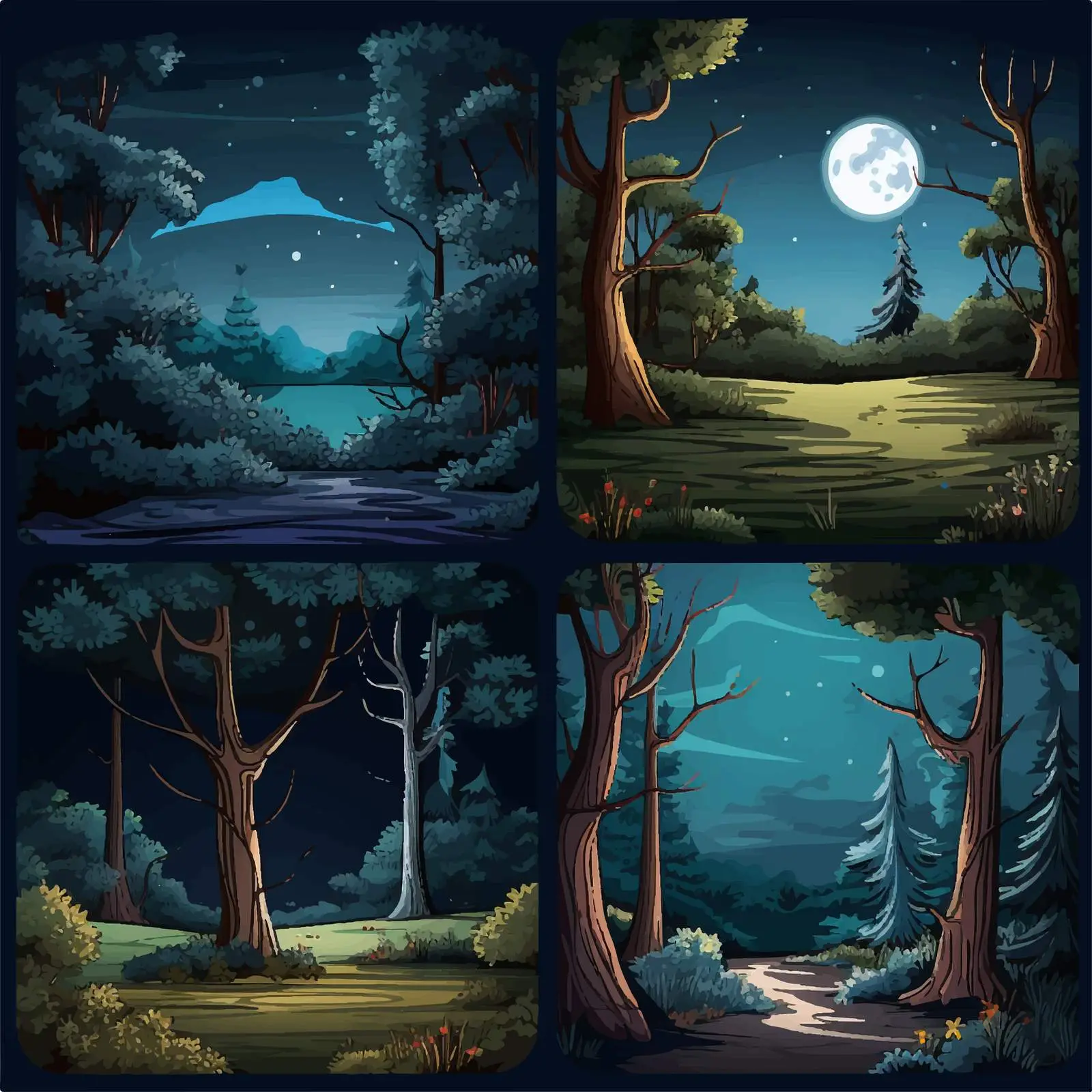 Four Nighttime Forest Scenes Vector Illustration — free download from Dotvec