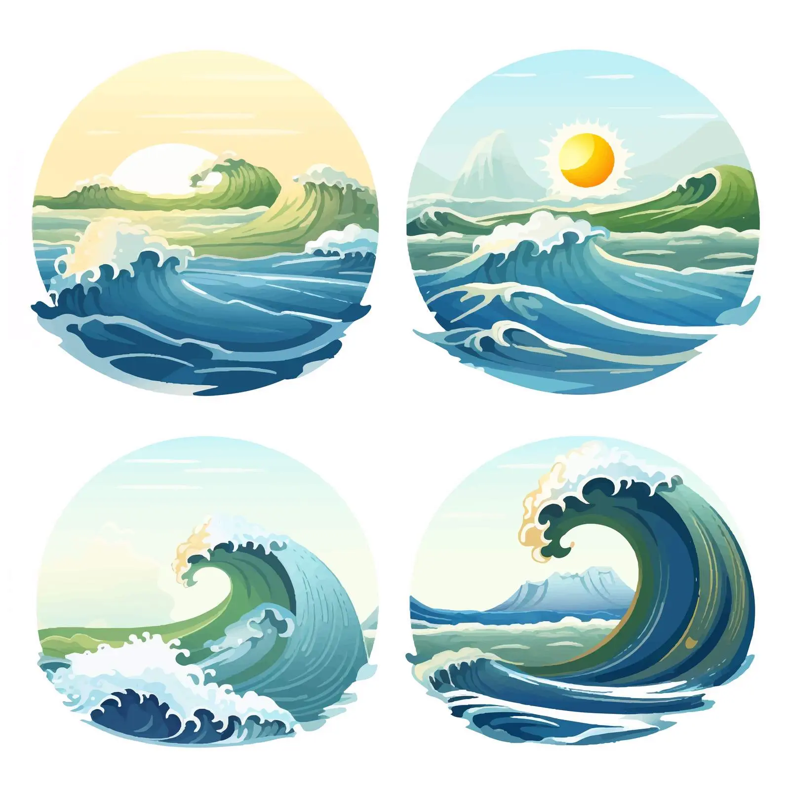 Four Cartoon Scenes of Ocean Waves Illustration — free download from Dotvec