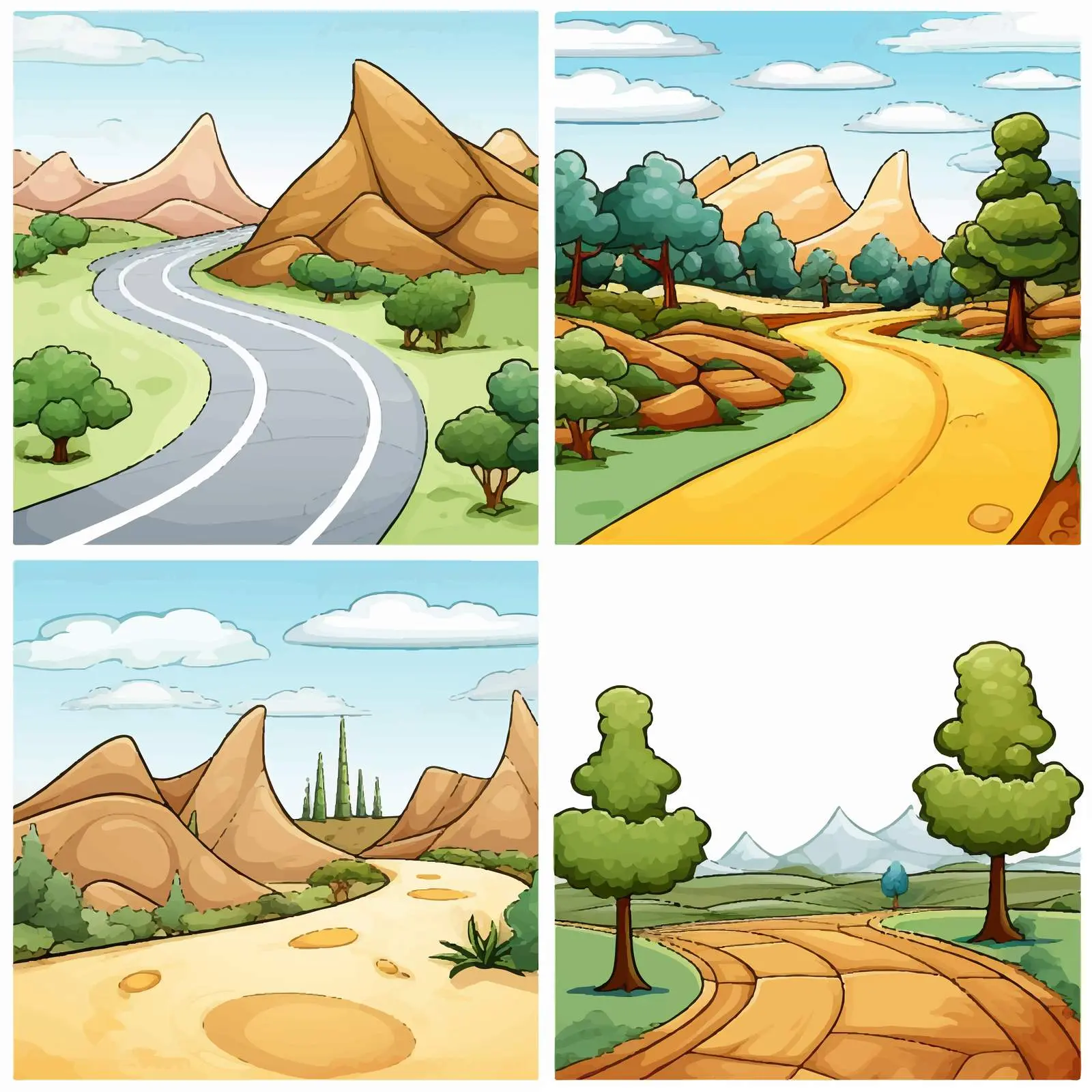 Four Cartoon Road Scenes Vector Illustration — free download from Dotvec