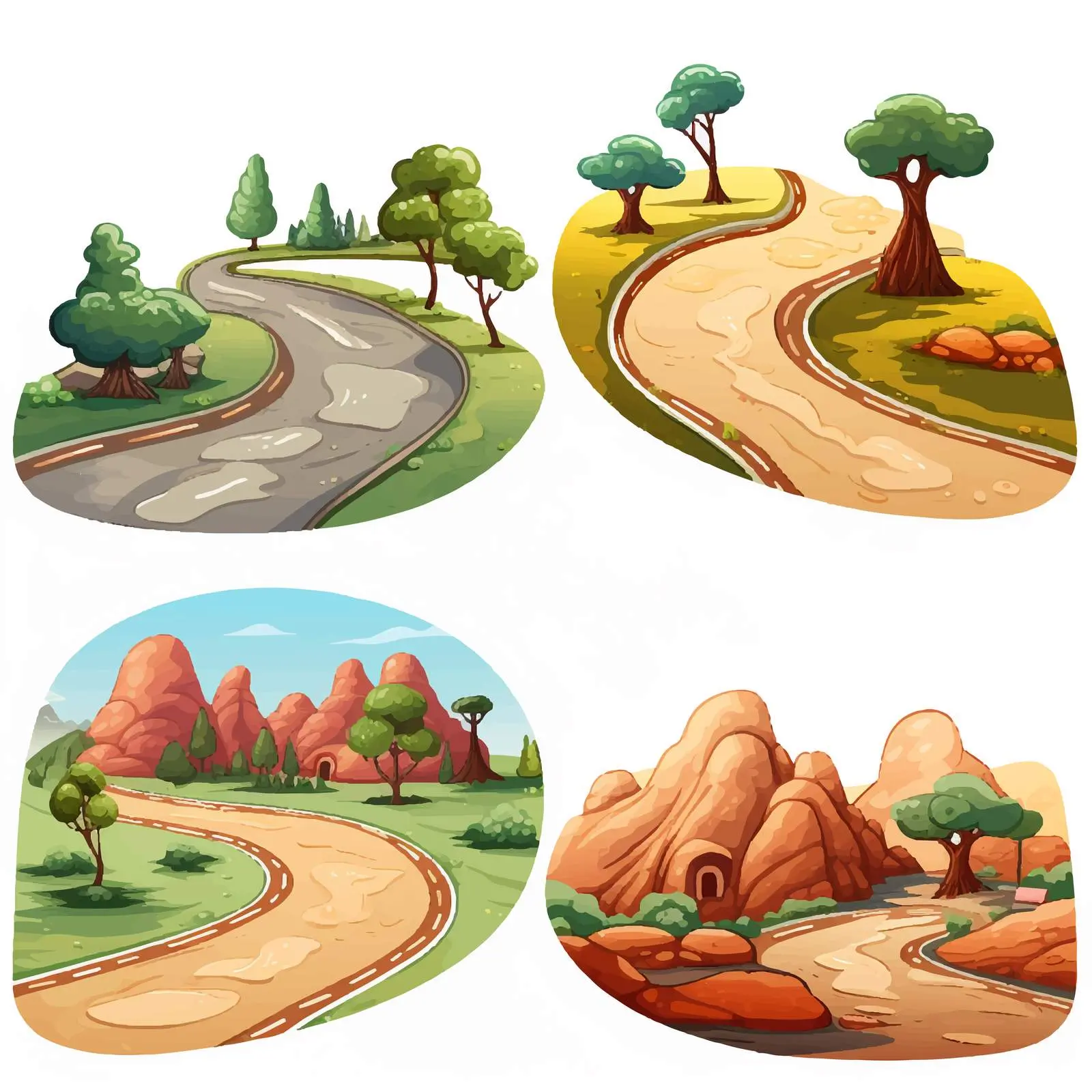 Four Cartoon Road Scenes Vector Illustration – free vehicle illustration image from Dotvec