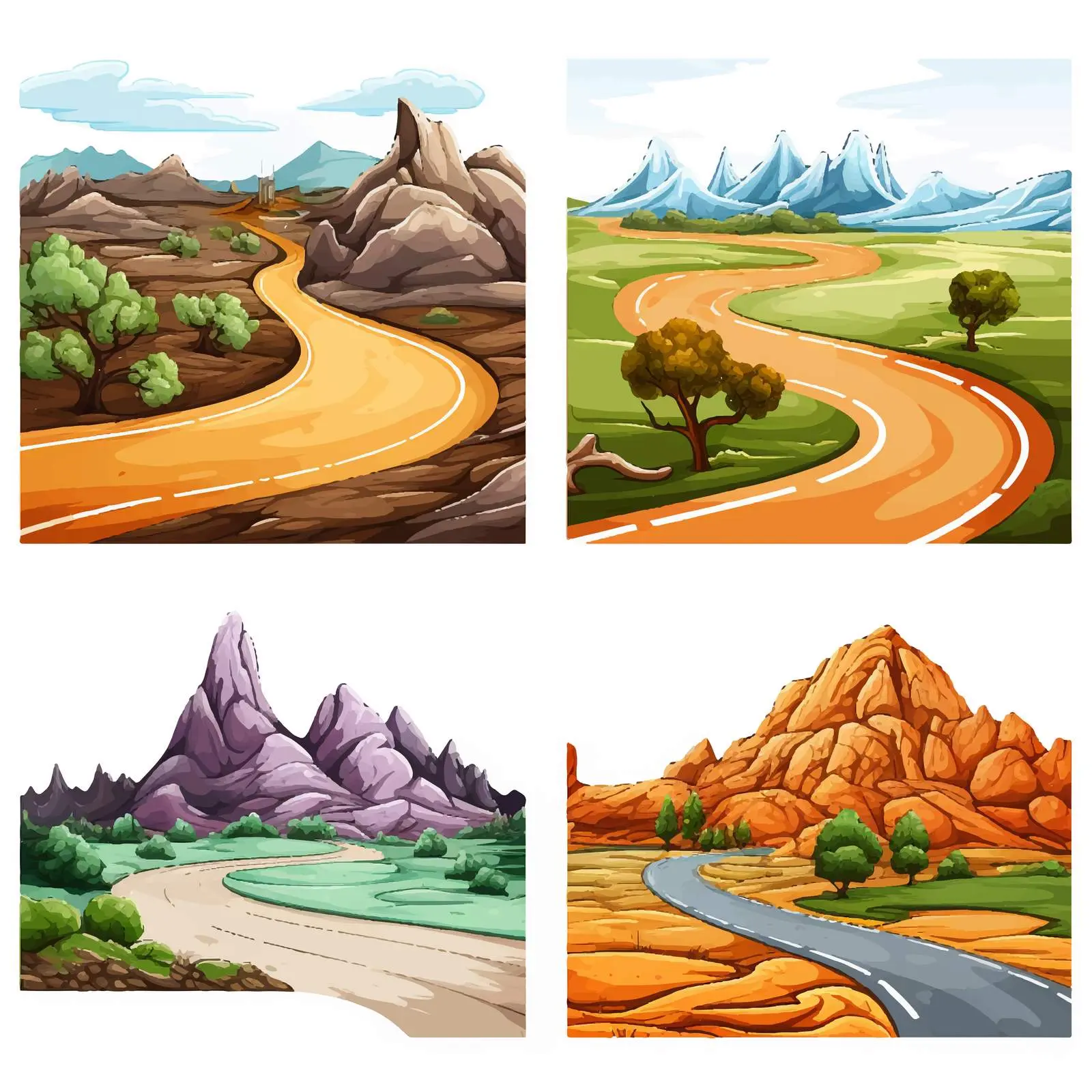Four Road Scene Cartoon Vector Illustration — free download from Dotvec