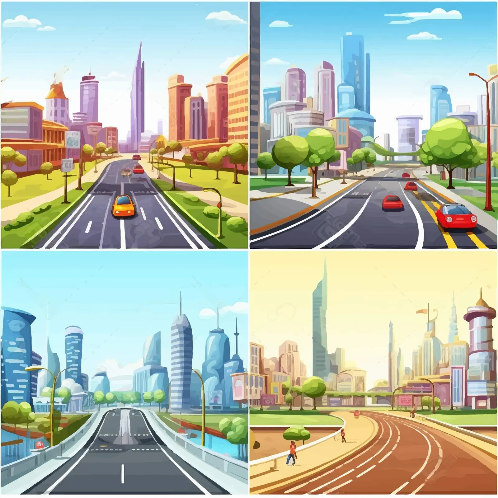 Cartoon Vector Scenes of City Roads – free public transport image from Dotvec
