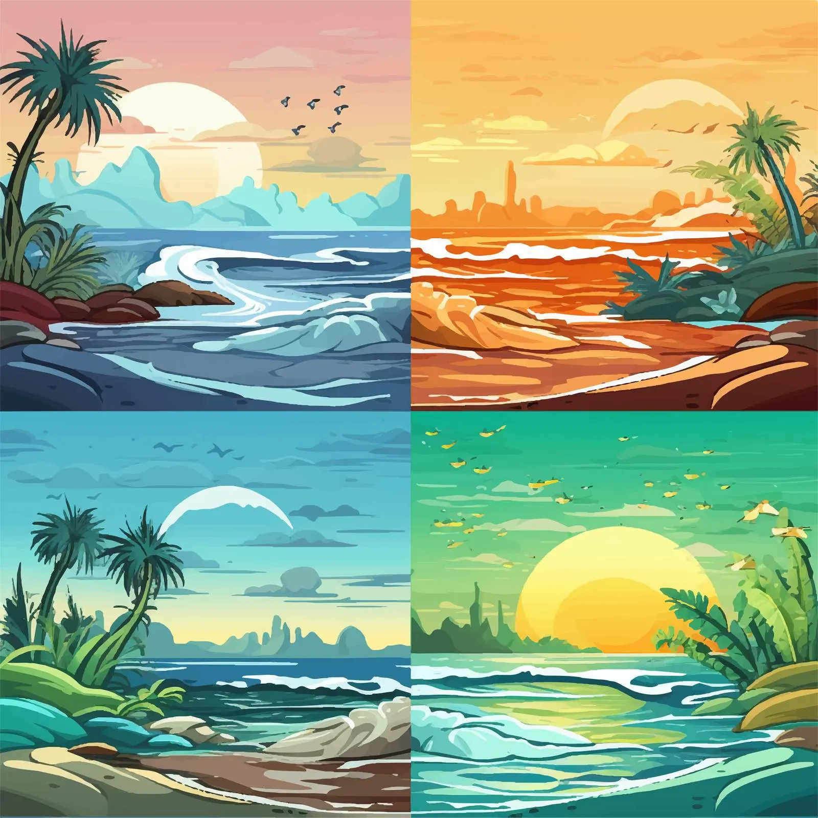 Four Ocean Scenes Cartoon Vector Illustration — free download from Dotvec
