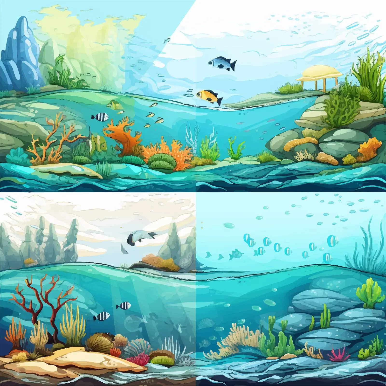 Four Cartoon Ocean Scenes Vector Illustration — free download from Dotvec