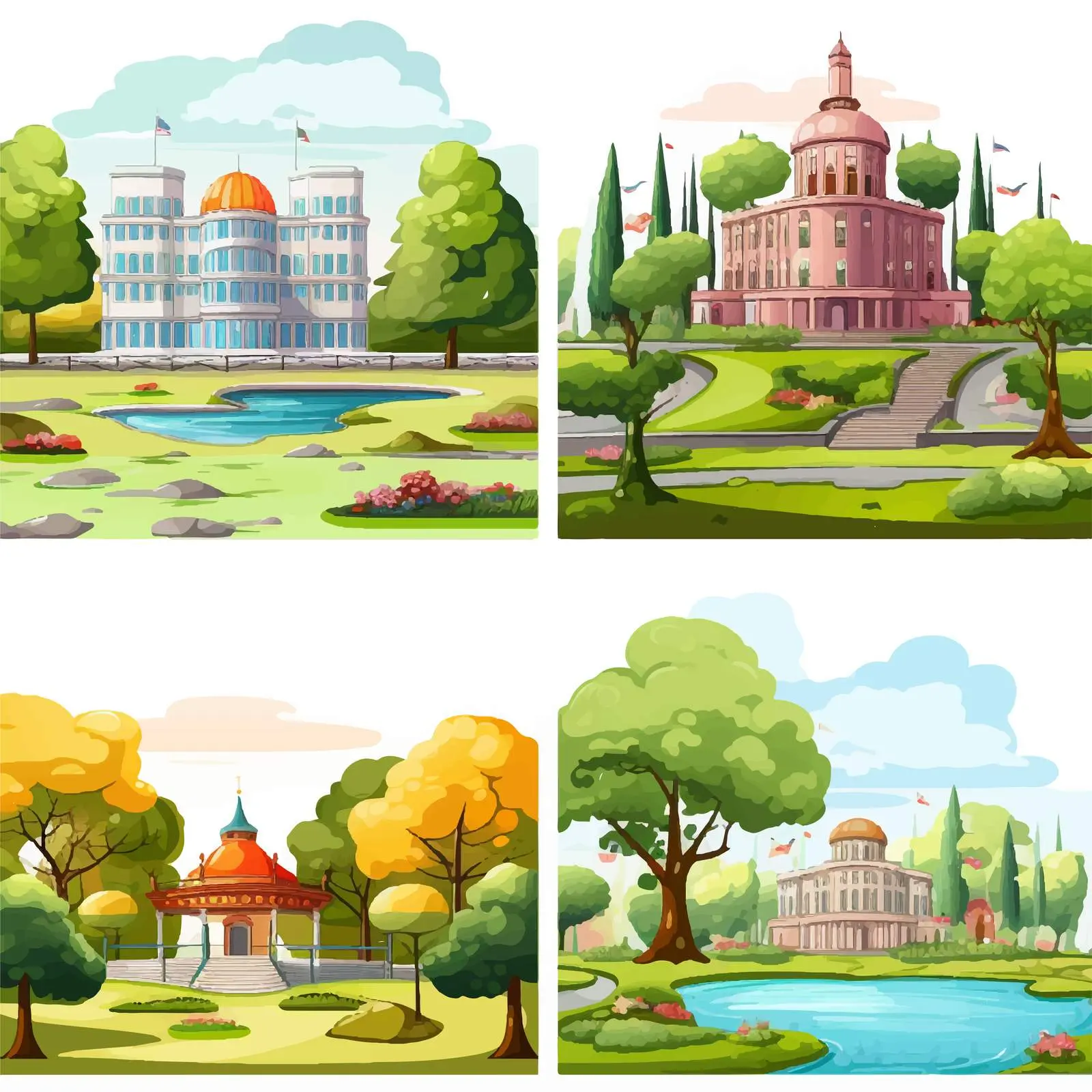 Park and Buildings Vector Illustration Scenes — free download from Dotvec