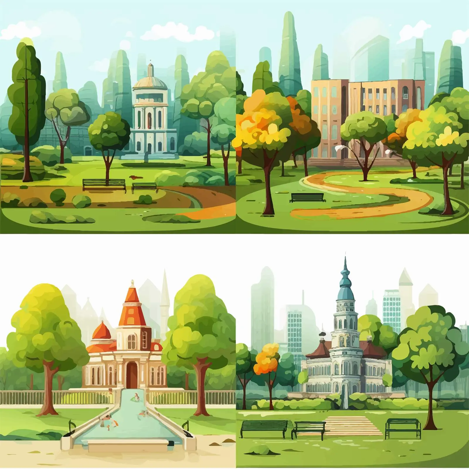 Park and Buildings Illustrations in Four Scenes — free download from Dotvec