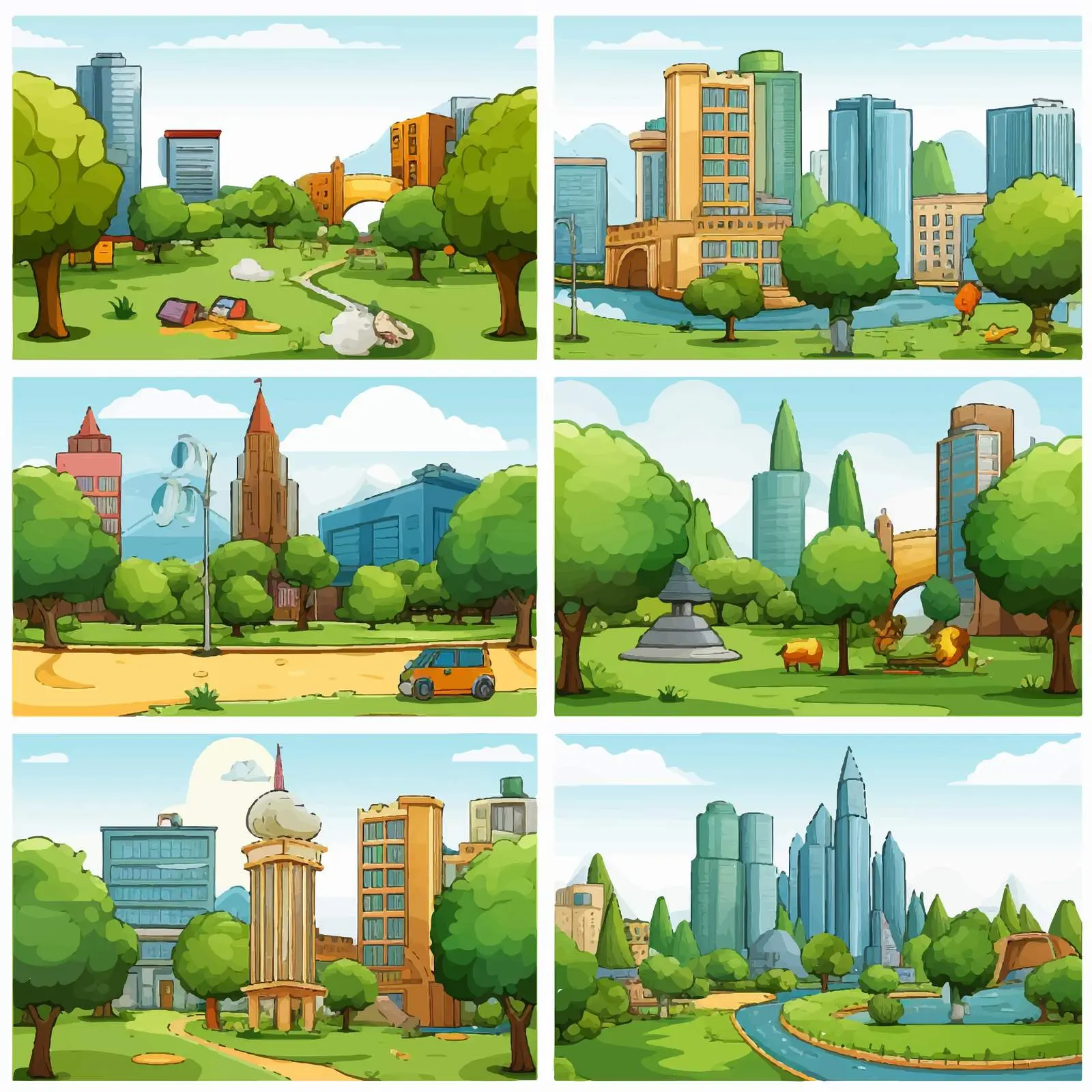 Park and Buildings Vector Illustration Scenes — free download from Dotvec