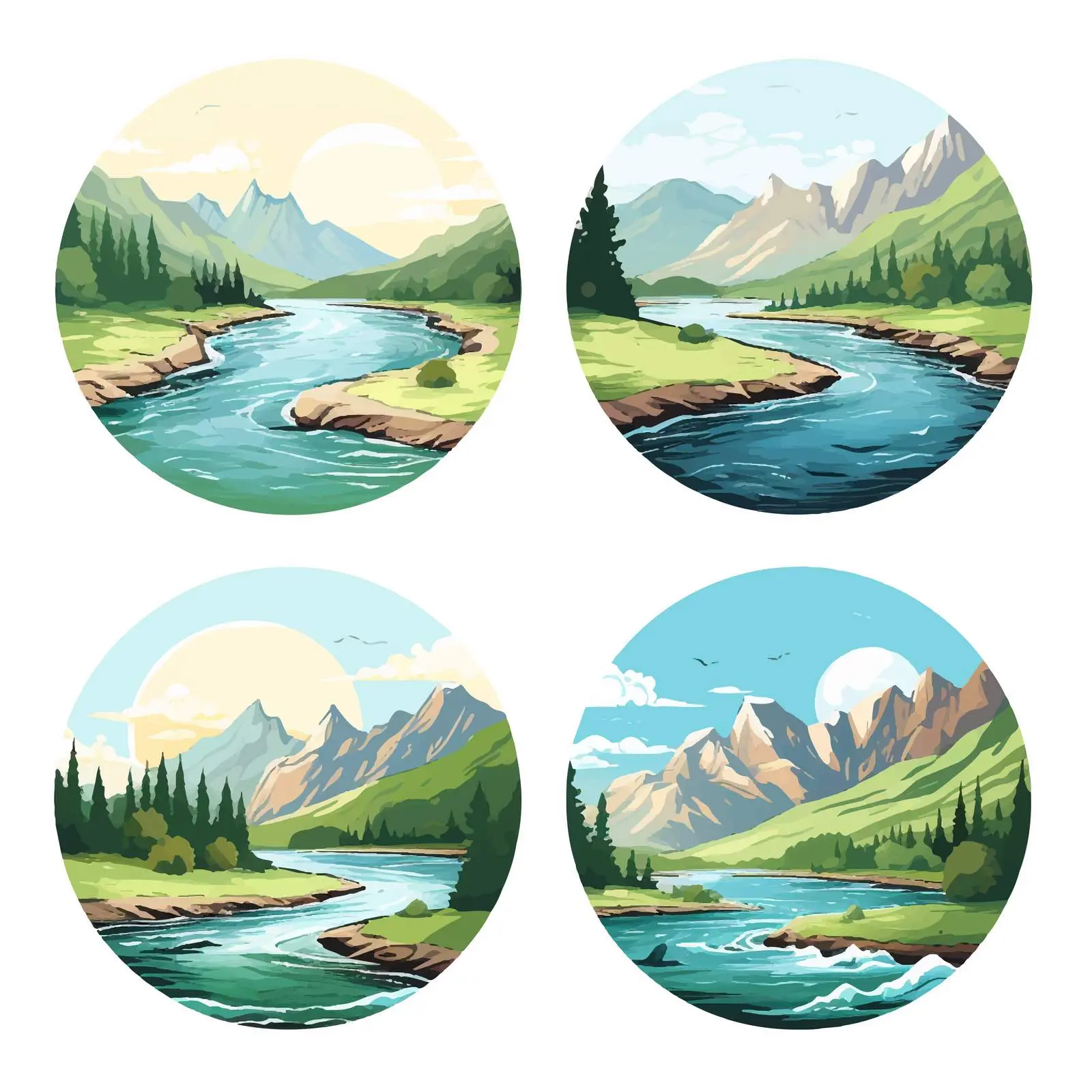 Four Scenic Views of Mountain and River — free download from Dotvec