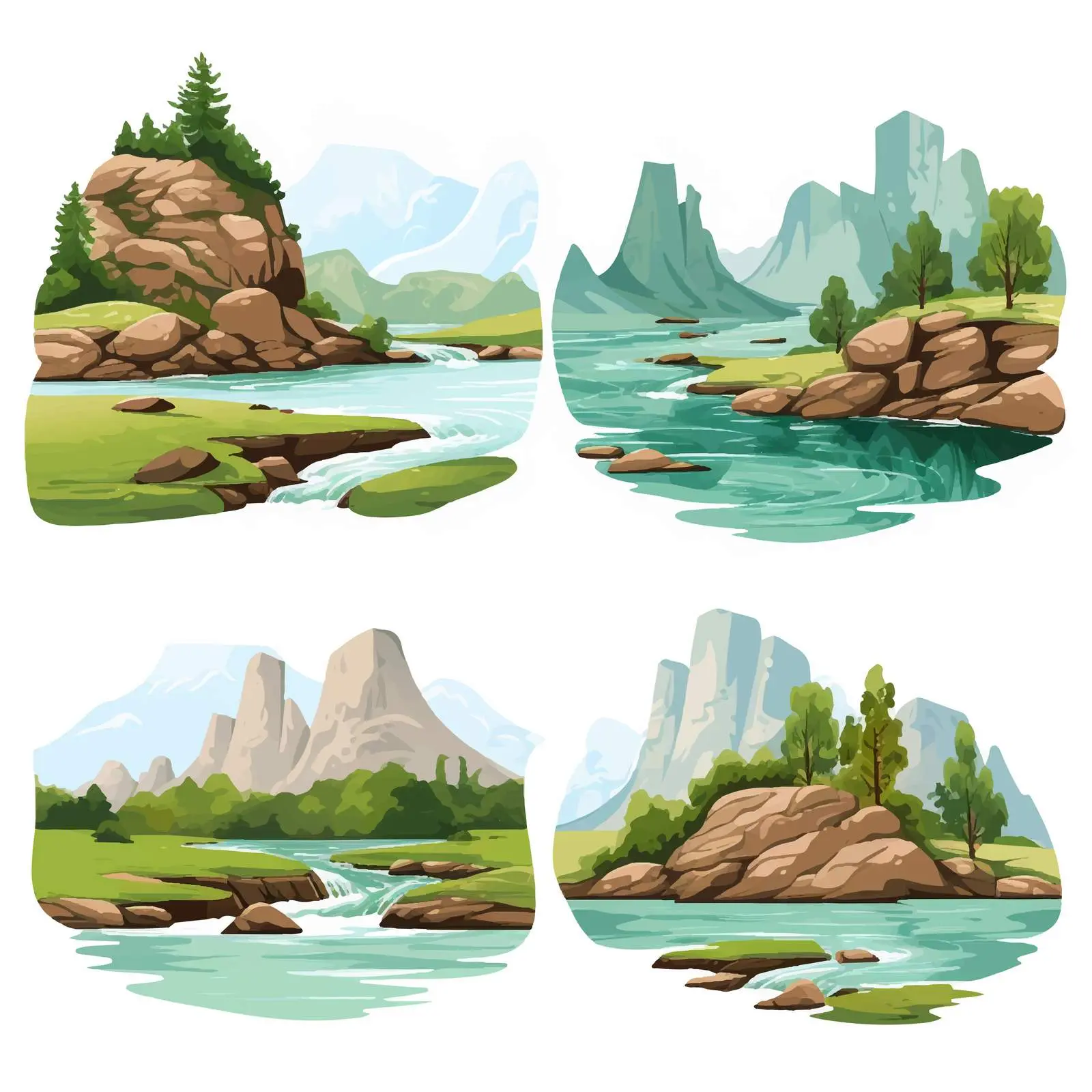 Four Scenic Views of Mountains and River Vectors – free mountain illustration image from Dotvec