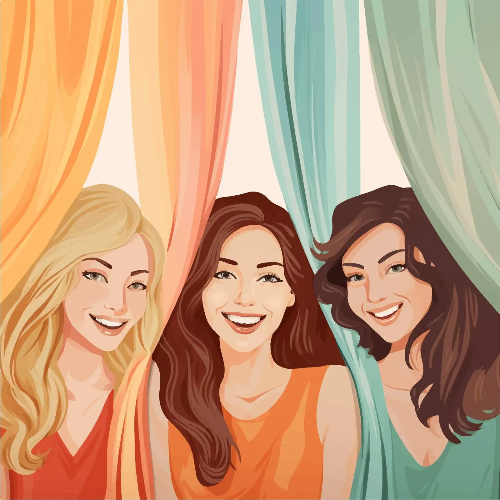 Four Women Smiling Behind Colorful Curtains — free download from Dotvec