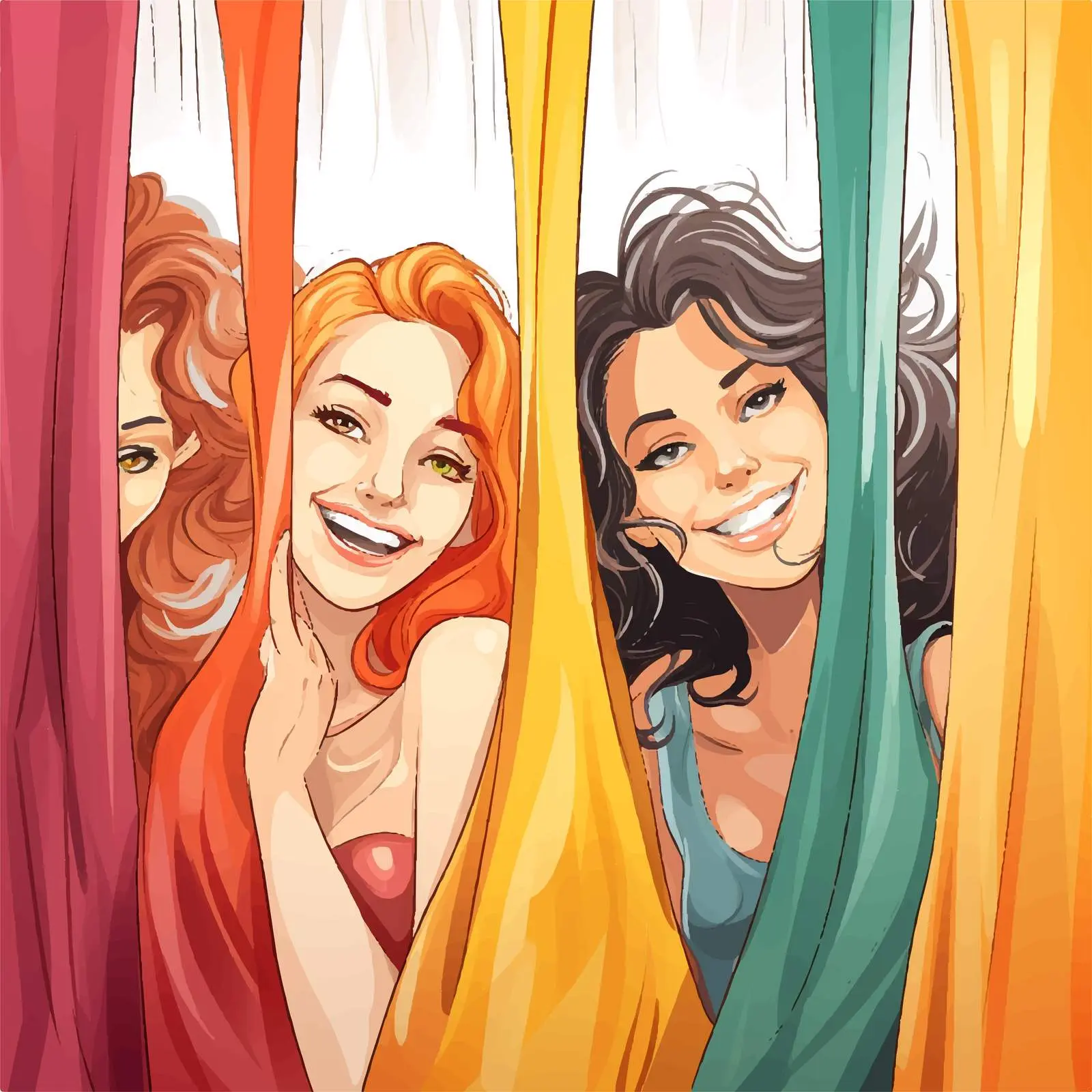 Women Smiling Behind Colorful Curtains Vector — free download from Dotvec