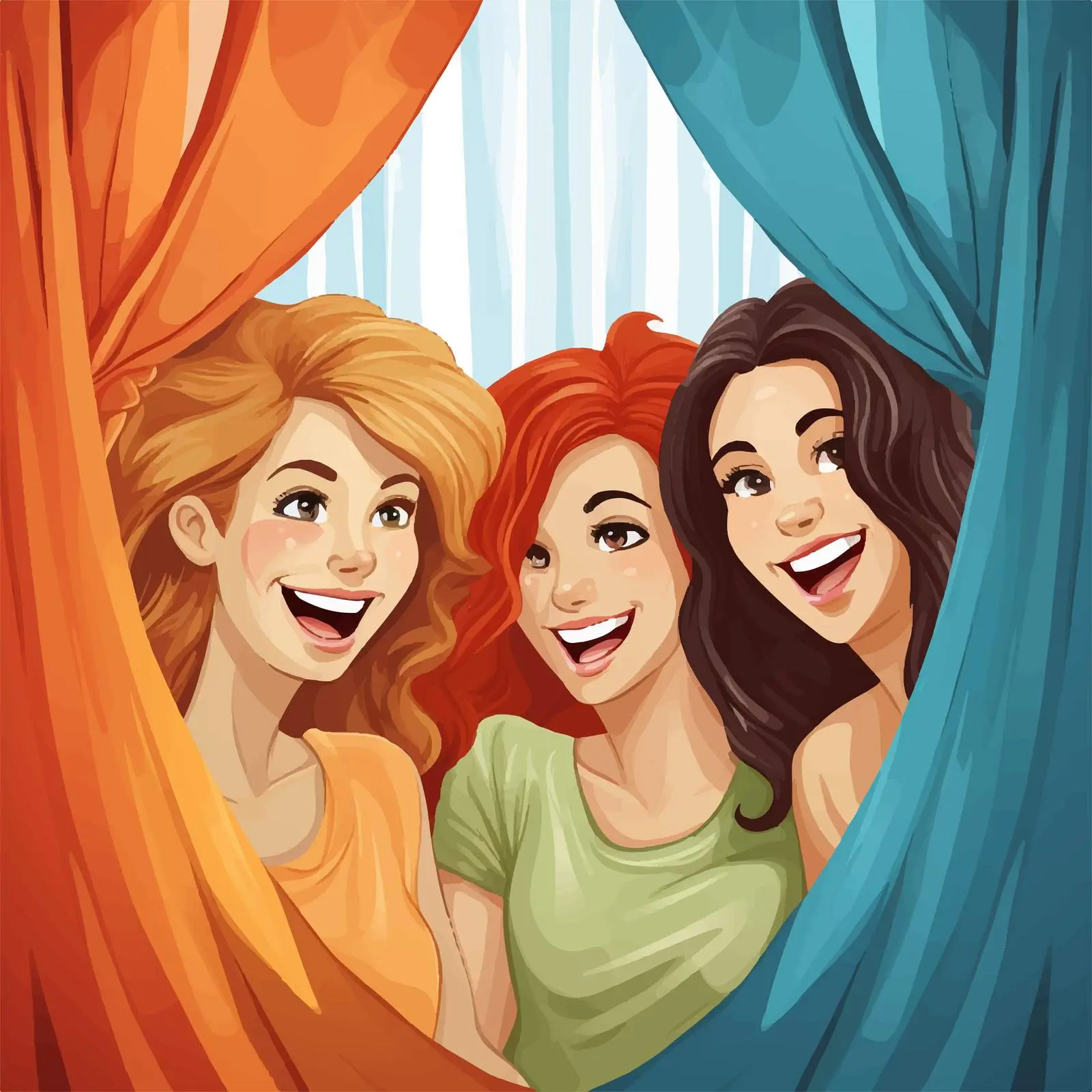 Four Women Smiling Behind Colorful Curtains — free download from Dotvec