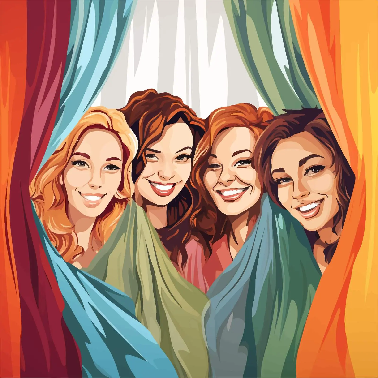 Four Women Smiling Behind Colorful Curtains — free download from Dotvec