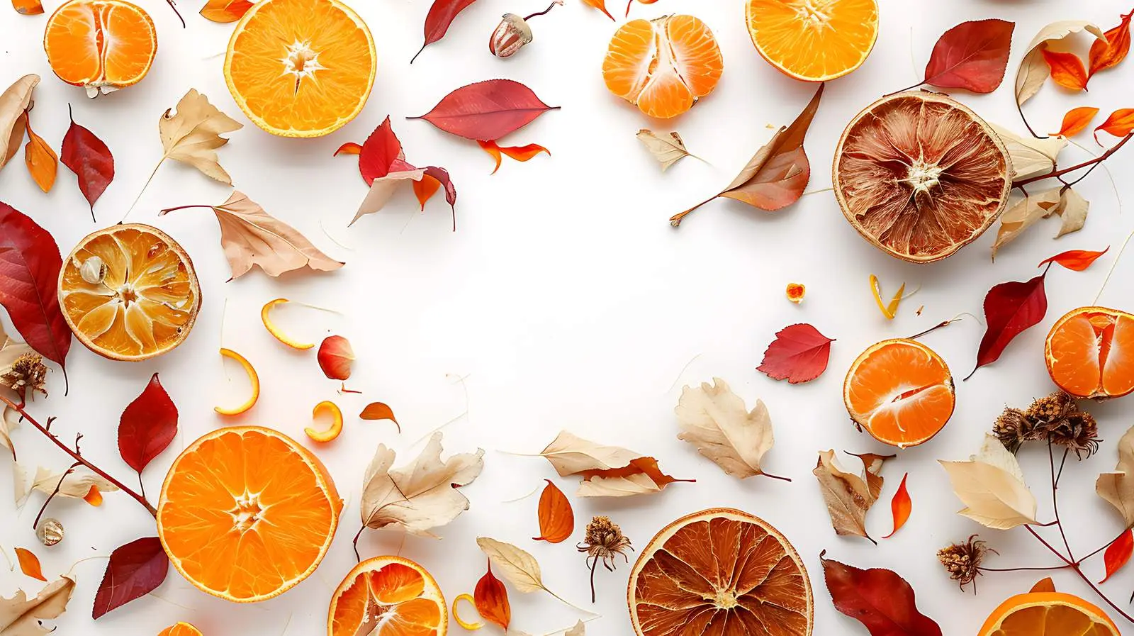 Autumn Leaves and Oranges on White Background – free decor image from Dotvec