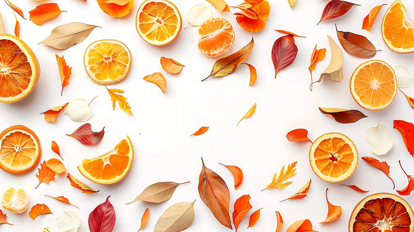 Autumn Leaves and Oranges on White Background – free decor image from Dotvec