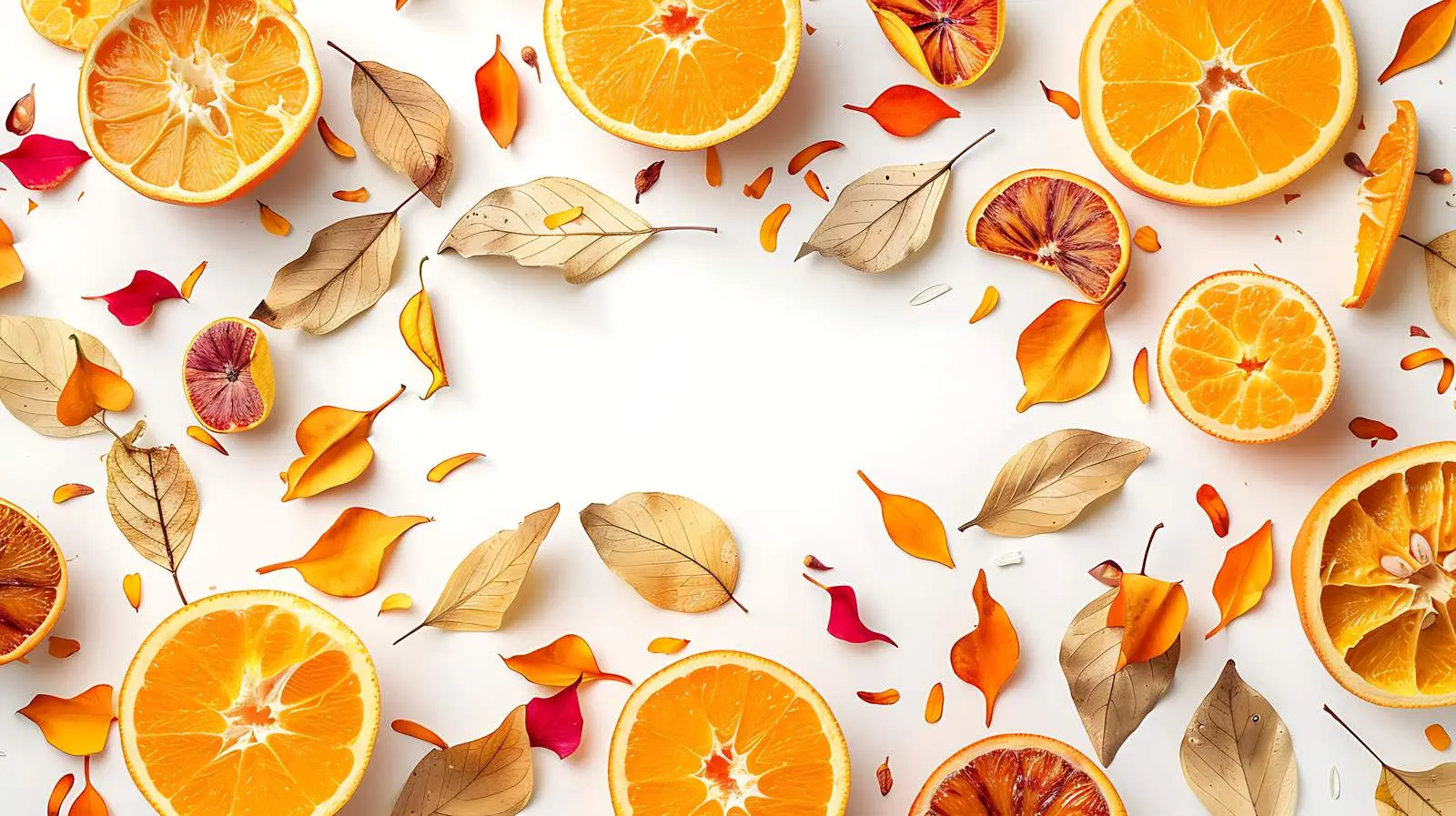 Autumn Leaves and Oranges on White Background – free decor image from Dotvec