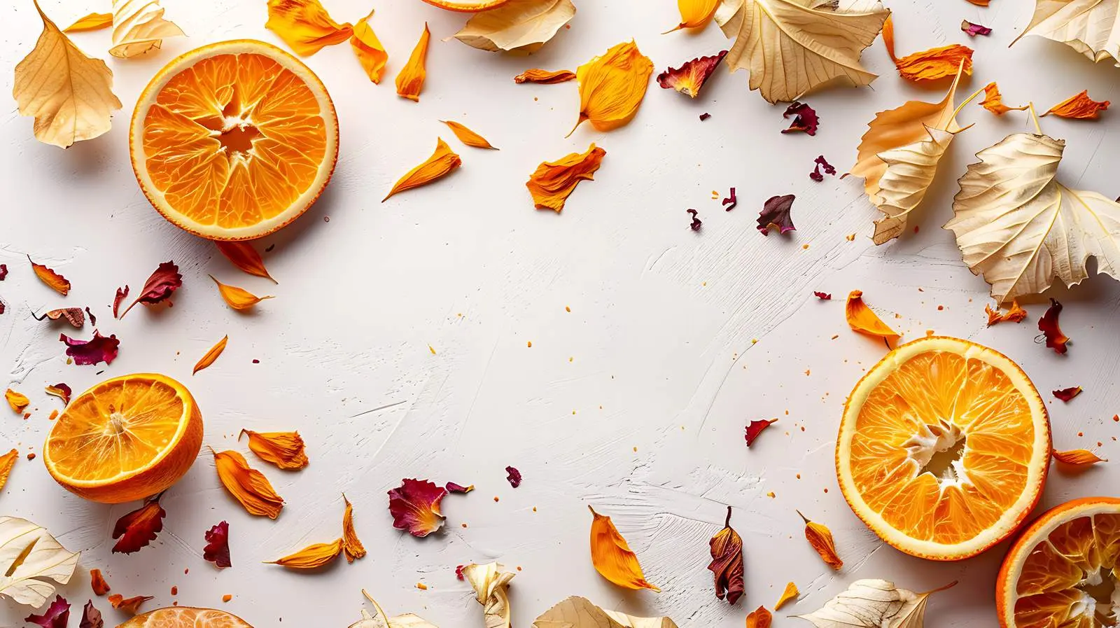 Autumn Leaves and Oranges on White Background – free decor image from Dotvec