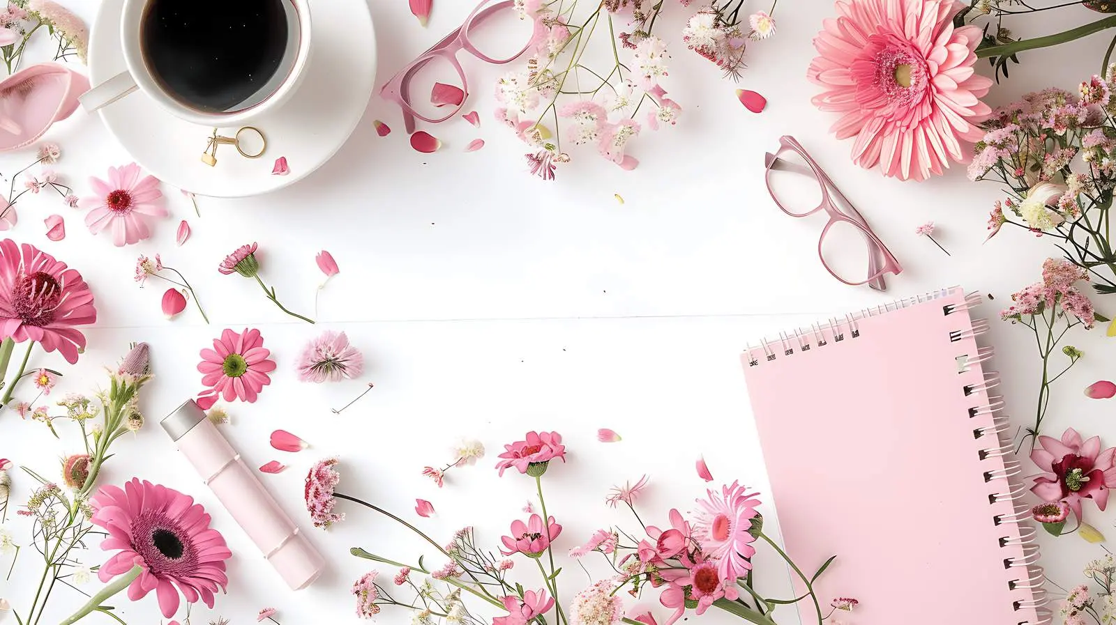 Pastel Pink Notebook and Coffee Setup — free download from Dotvec