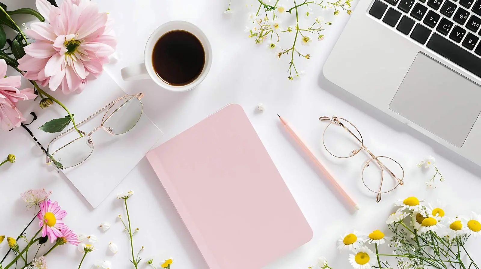 Pastel Pink Notebook and Coffee Setup — free download from Dotvec