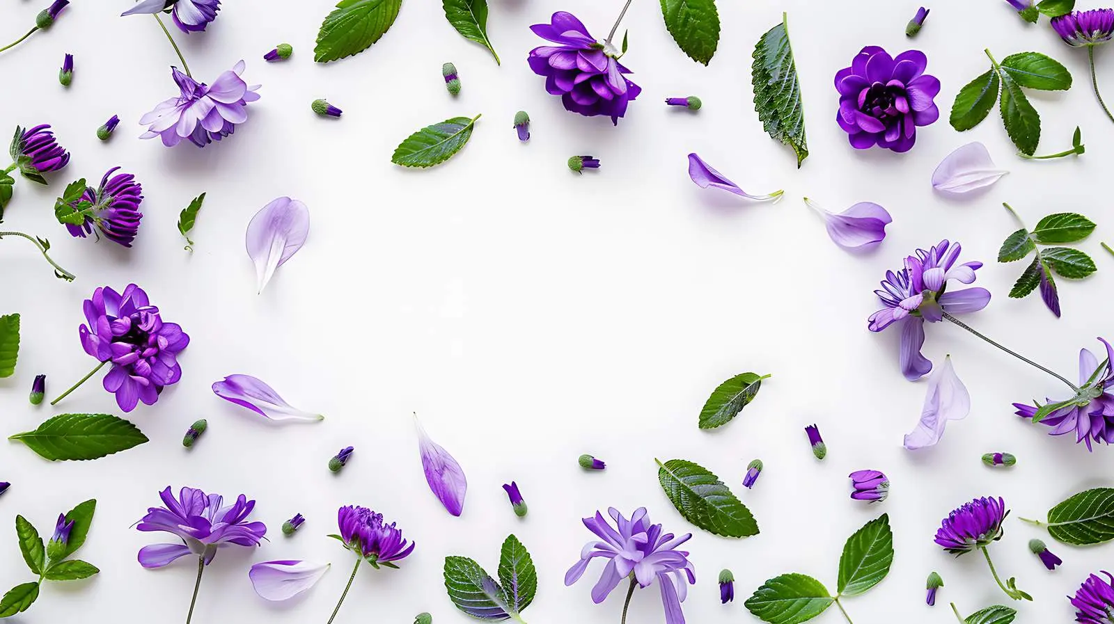 Purple Flowers and Leaves Frame on White Background — free download from Dotvec