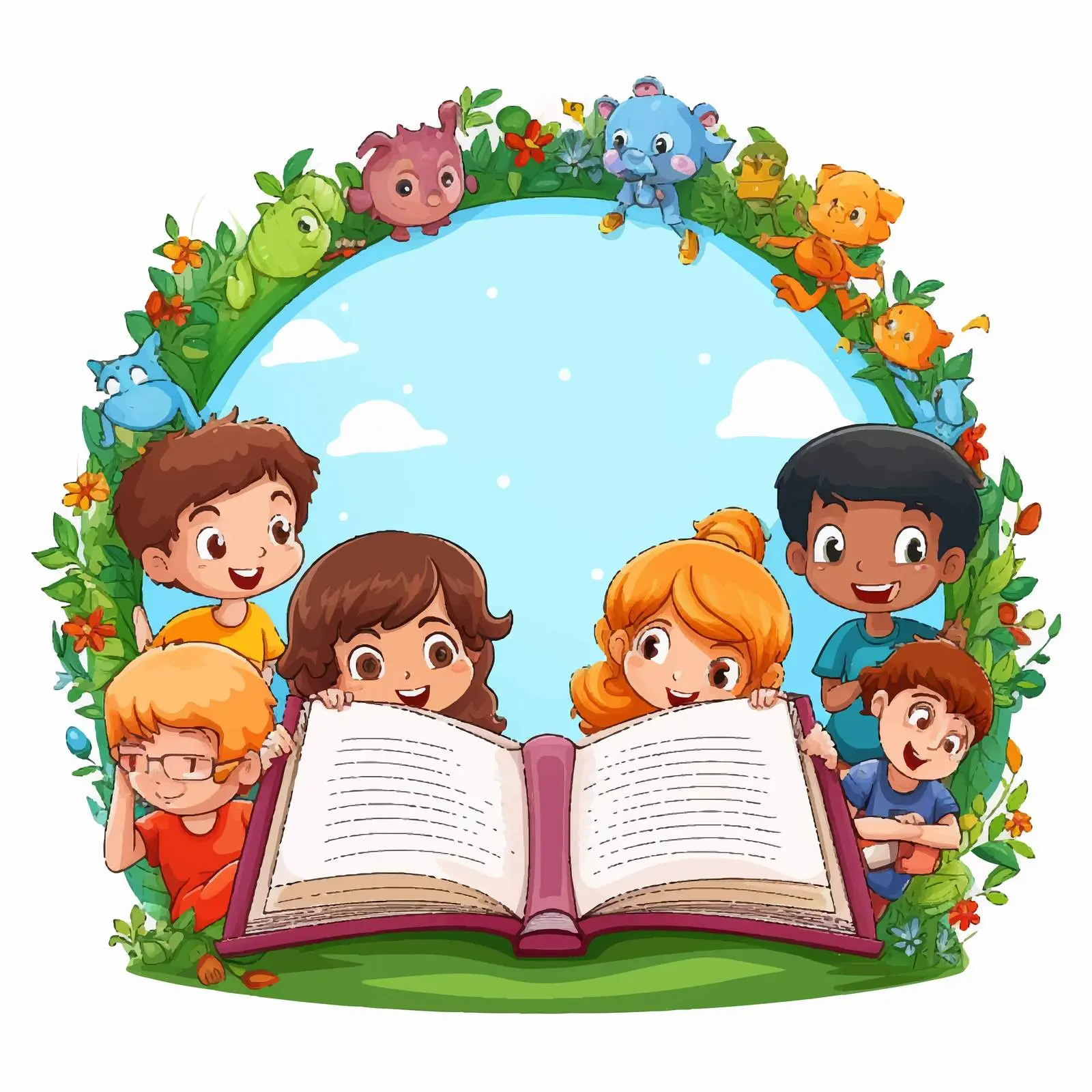 Children Reading Books Illustration in Frame Template — free download from Dotvec