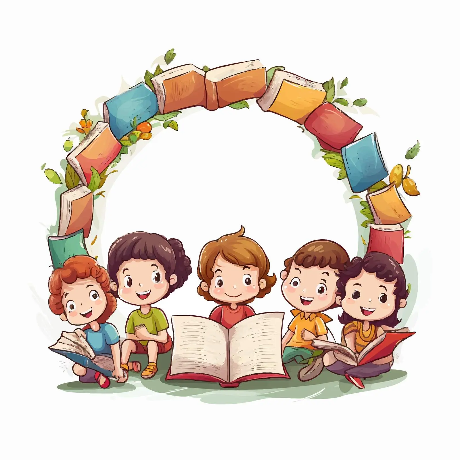 Happy Children Reading Books Illustration — free download from Dotvec