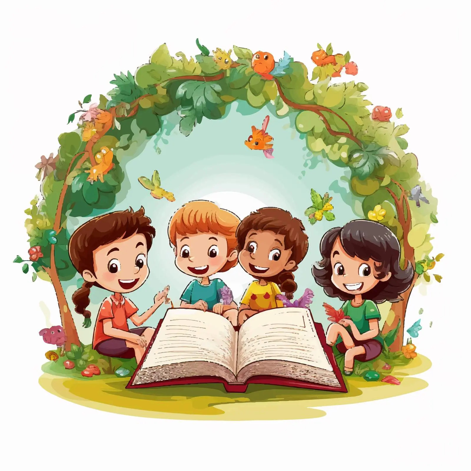 Happy Children Reading Books Illustration — free download from Dotvec