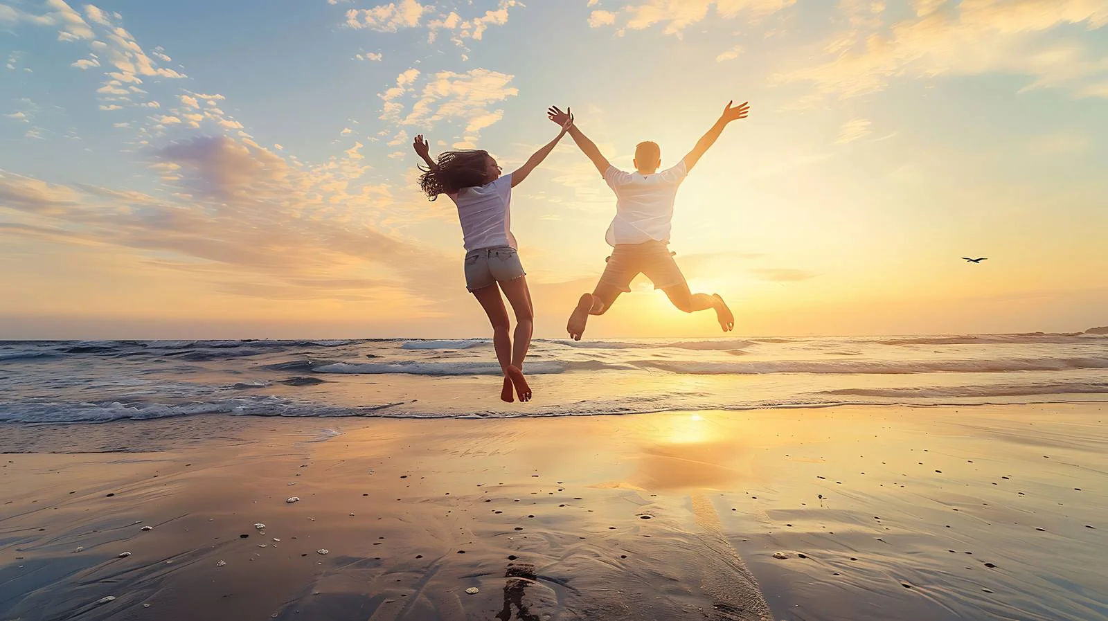 Joyful Young Couple Jumping on Brittany Beach — free download from Dotvec