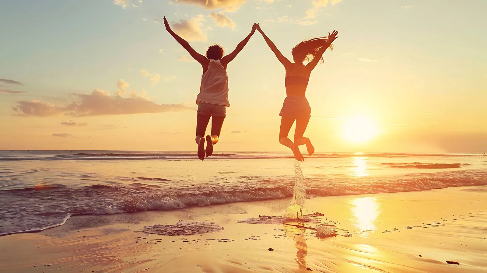 Joyful couple hopping on beach shore — free download from Dotvec