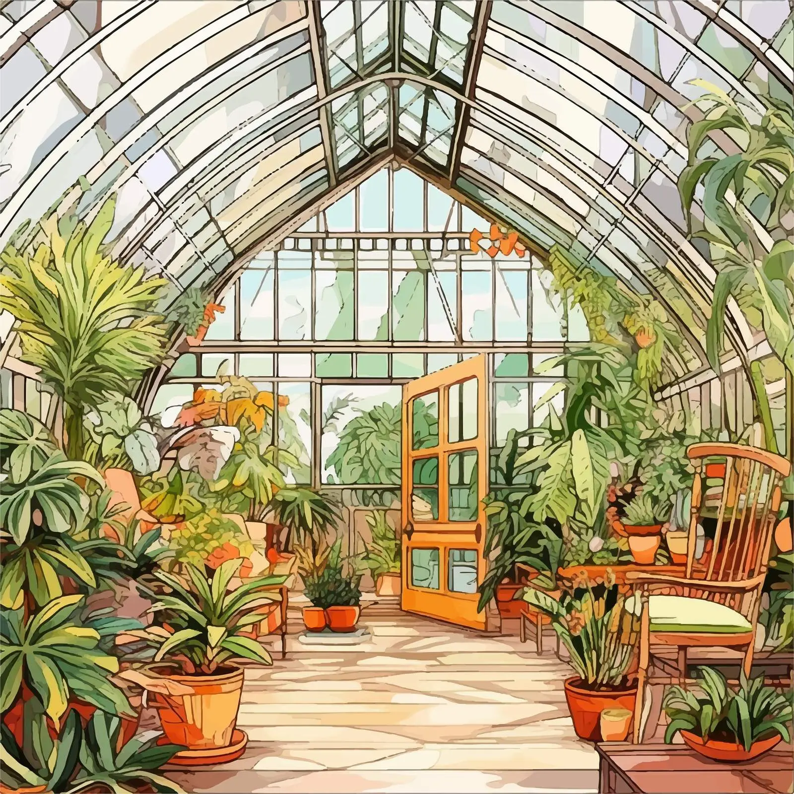 Interior of Tropical Greenhouse Freehand Sketch – free eco architecture image from Dotvec