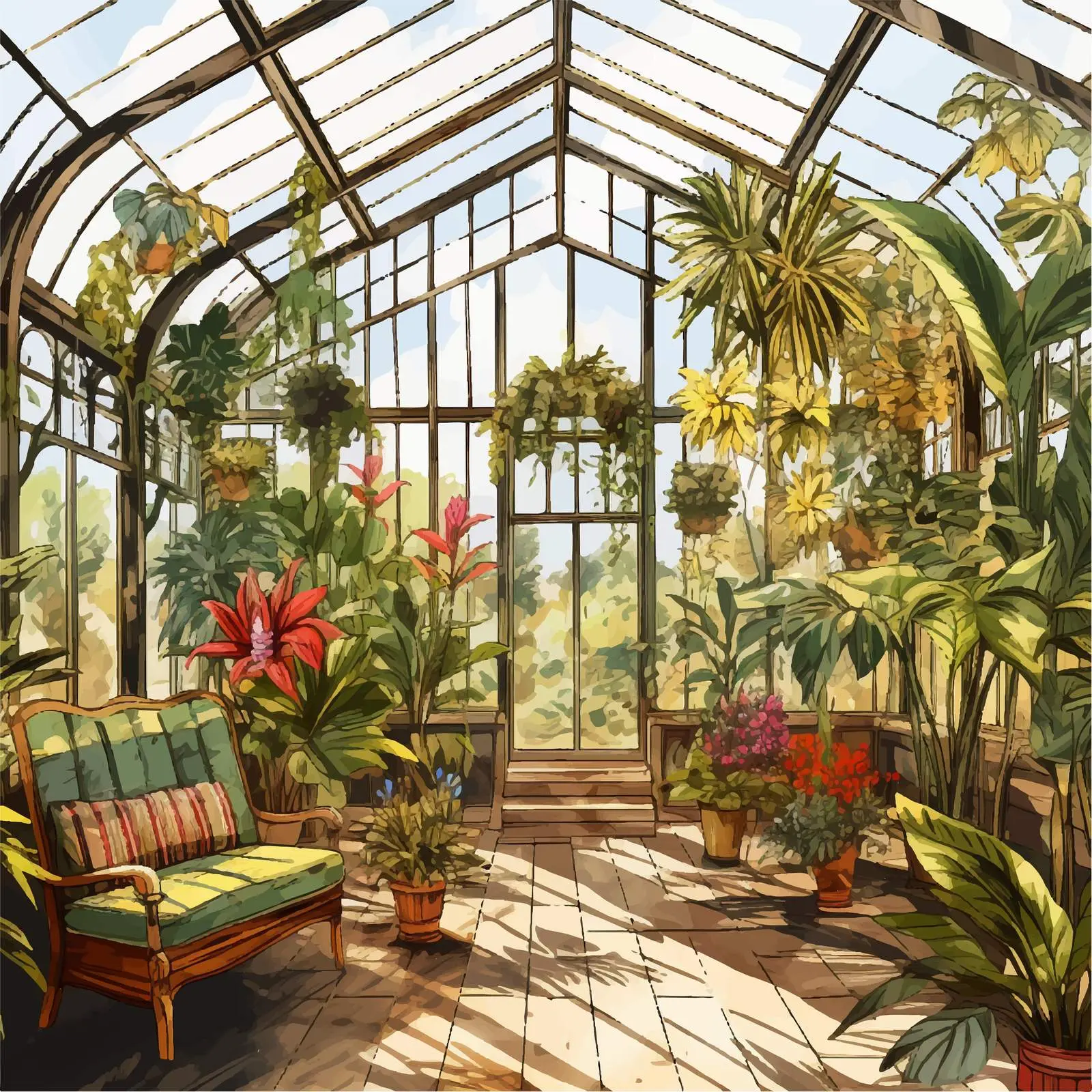 Interior Greenhouse Sketch with Tropical Plants — free download from Dotvec